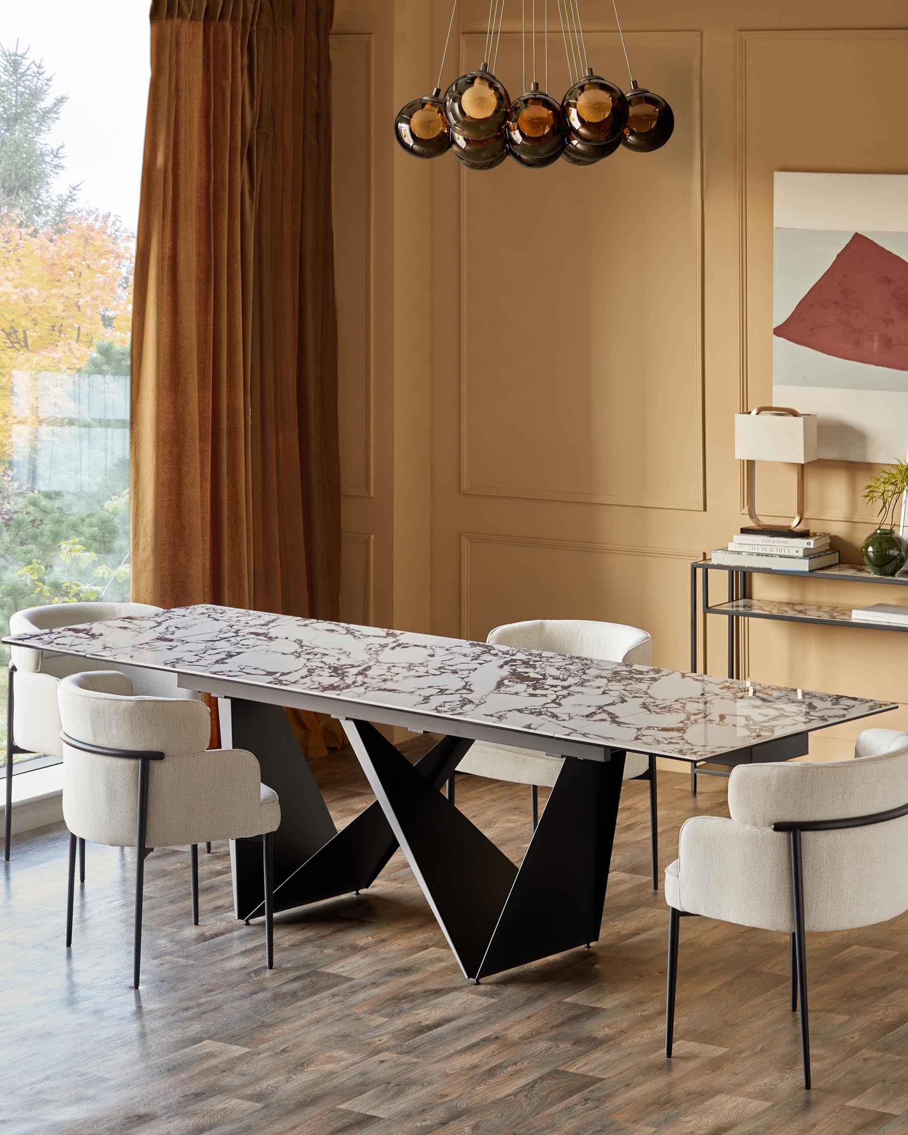 Table de salle à manger extensible Calenzano en céramique blanche Calacatta, 8 à 10 couverts