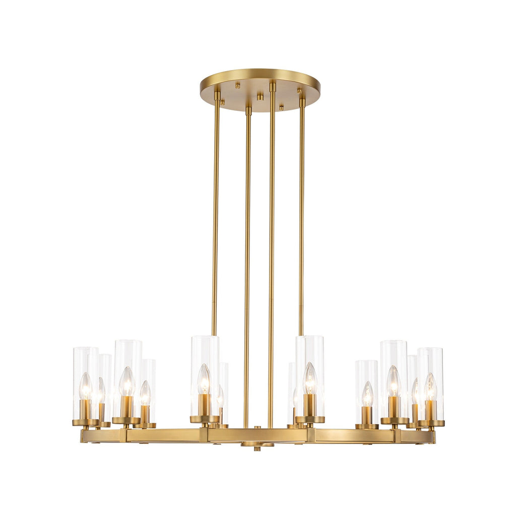 Lustre à 12 lumières en forme de roue de chariot, style moderne du milieu du siècle, en verre transparent, style doré/noir, grand modèle