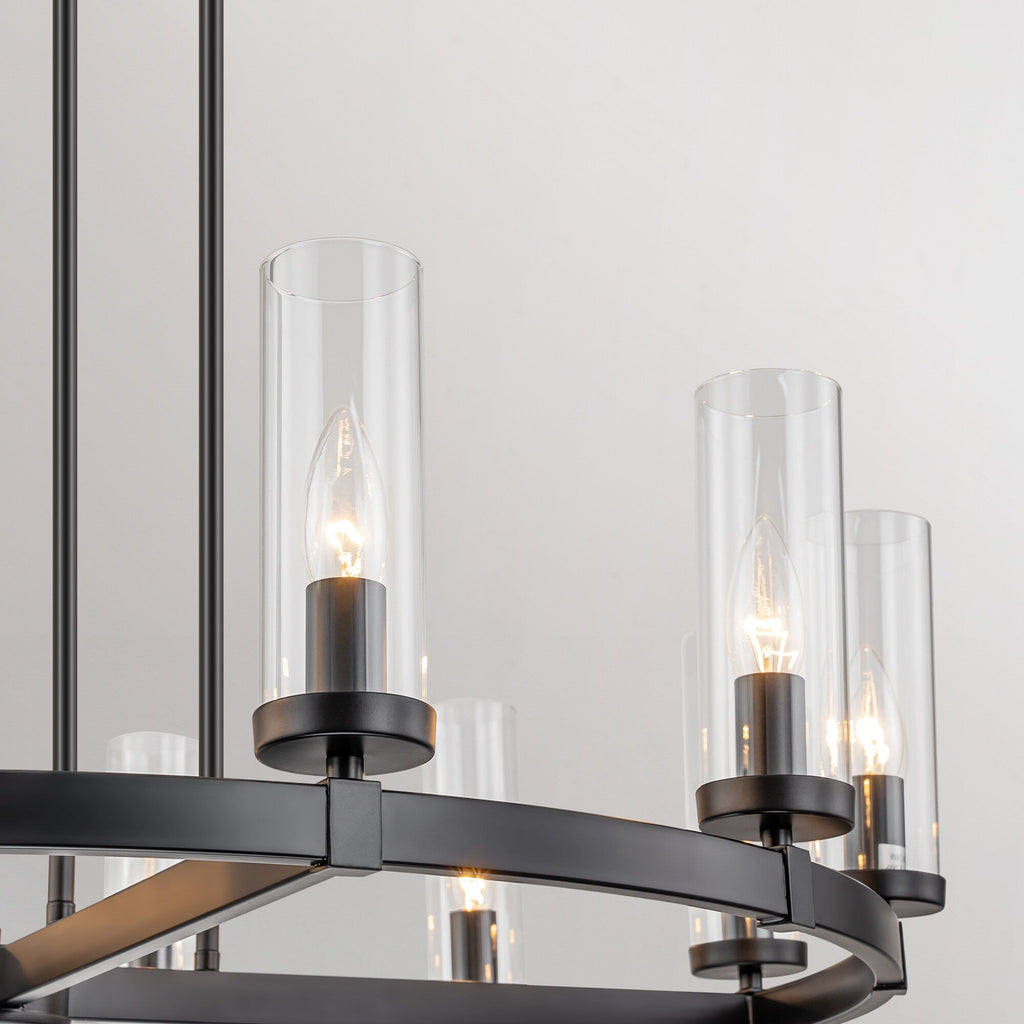 Lustre à 12 lumières en forme de roue de chariot, style moderne du milieu du siècle, en verre transparent, style doré/noir, grand modèle