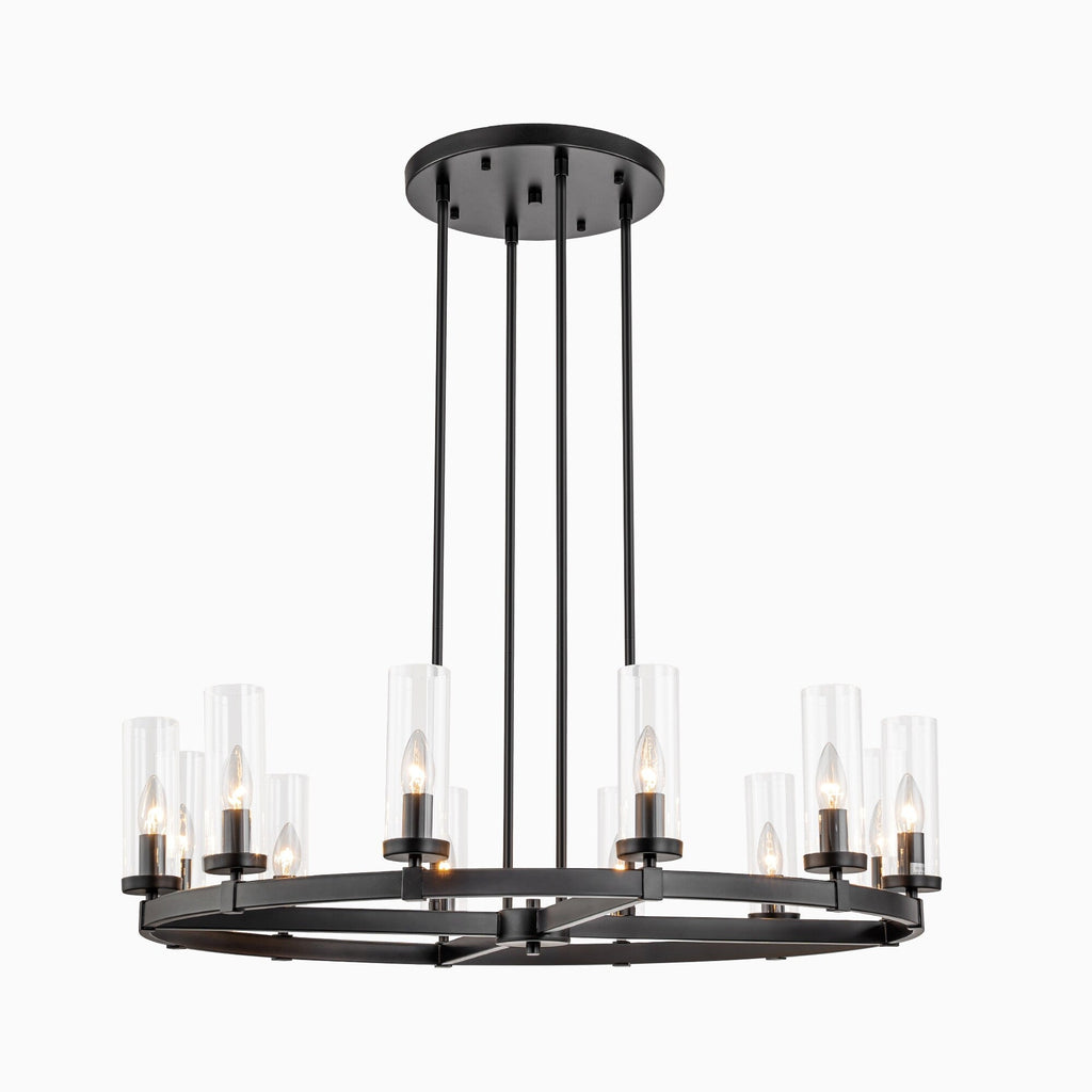 Lustre à 12 lumières en forme de roue de chariot, style moderne du milieu du siècle, en verre transparent, style doré/noir, grand modèle