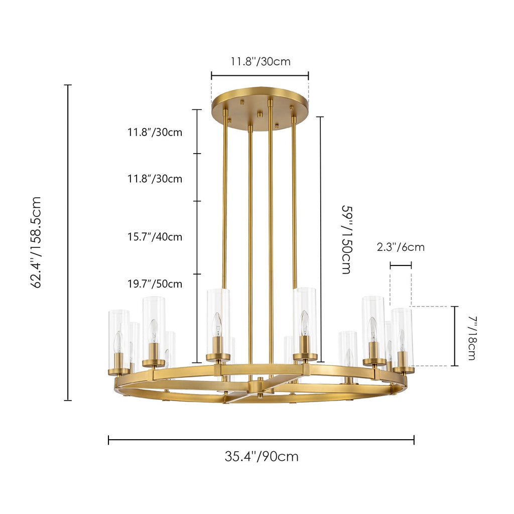 Lustre à 12 lumières en forme de roue de chariot, style moderne du milieu du siècle, en verre transparent, style doré/noir, grand modèle