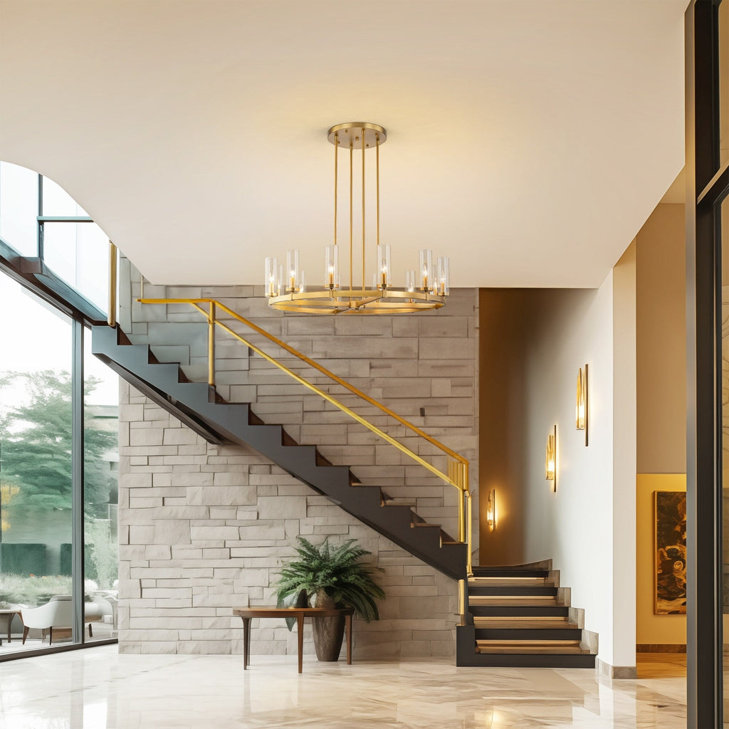 Lustre à 12 lumières en forme de roue de chariot, style moderne du milieu du siècle, en verre transparent, style doré/noir, grand modèle