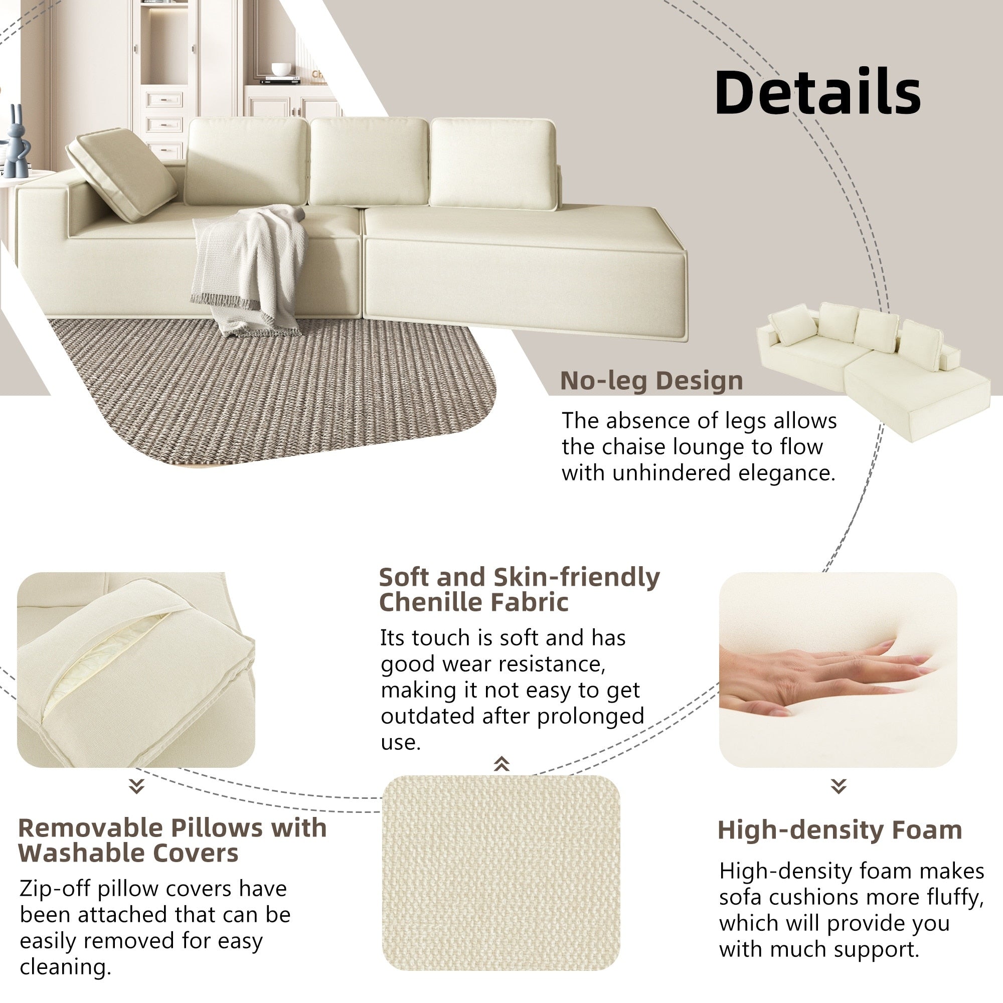 Canapé-lit d'intérieur moderne et élégant, 125 cm, aux lignes épurées, pour le salon, beige