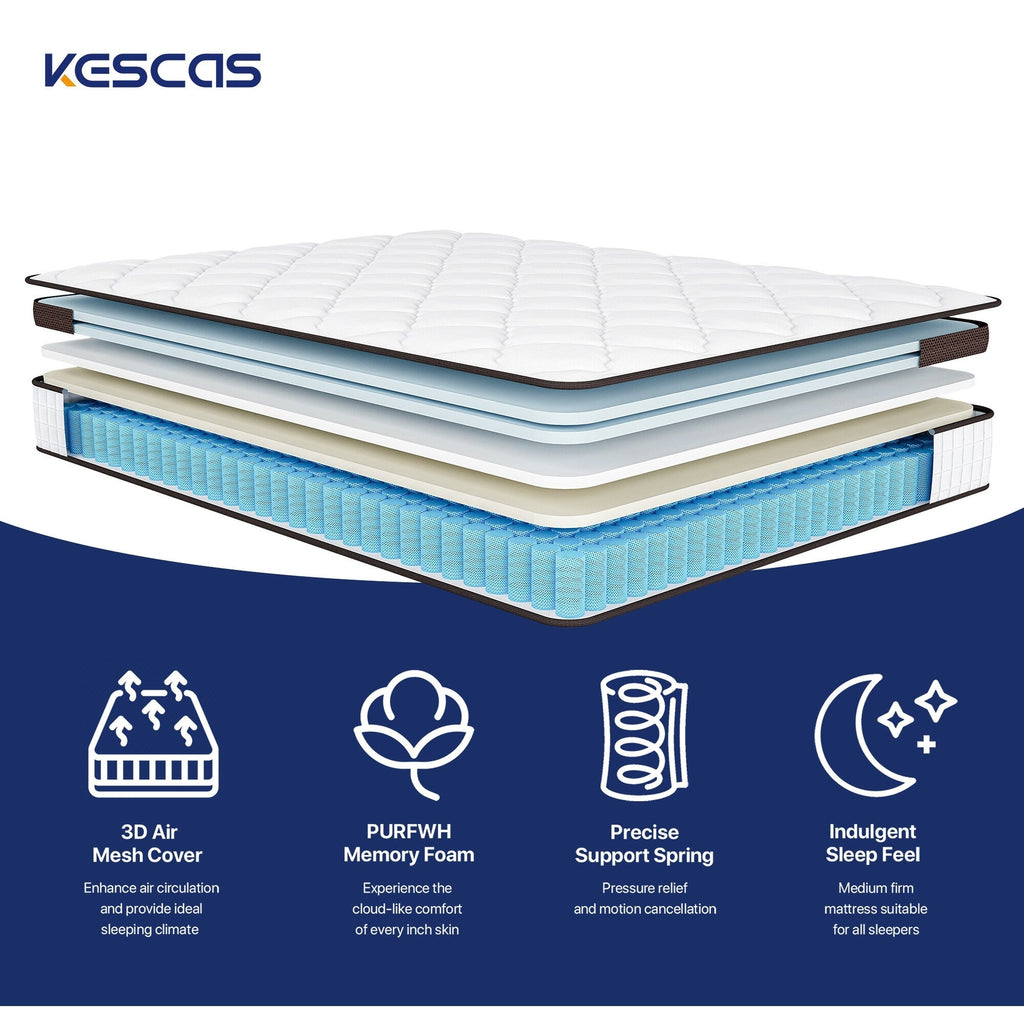 Matelas hybride 14 pouces, mousse à mémoire de forme et ressorts ensachés, fermeté moyenne, tailles Queen et King en option