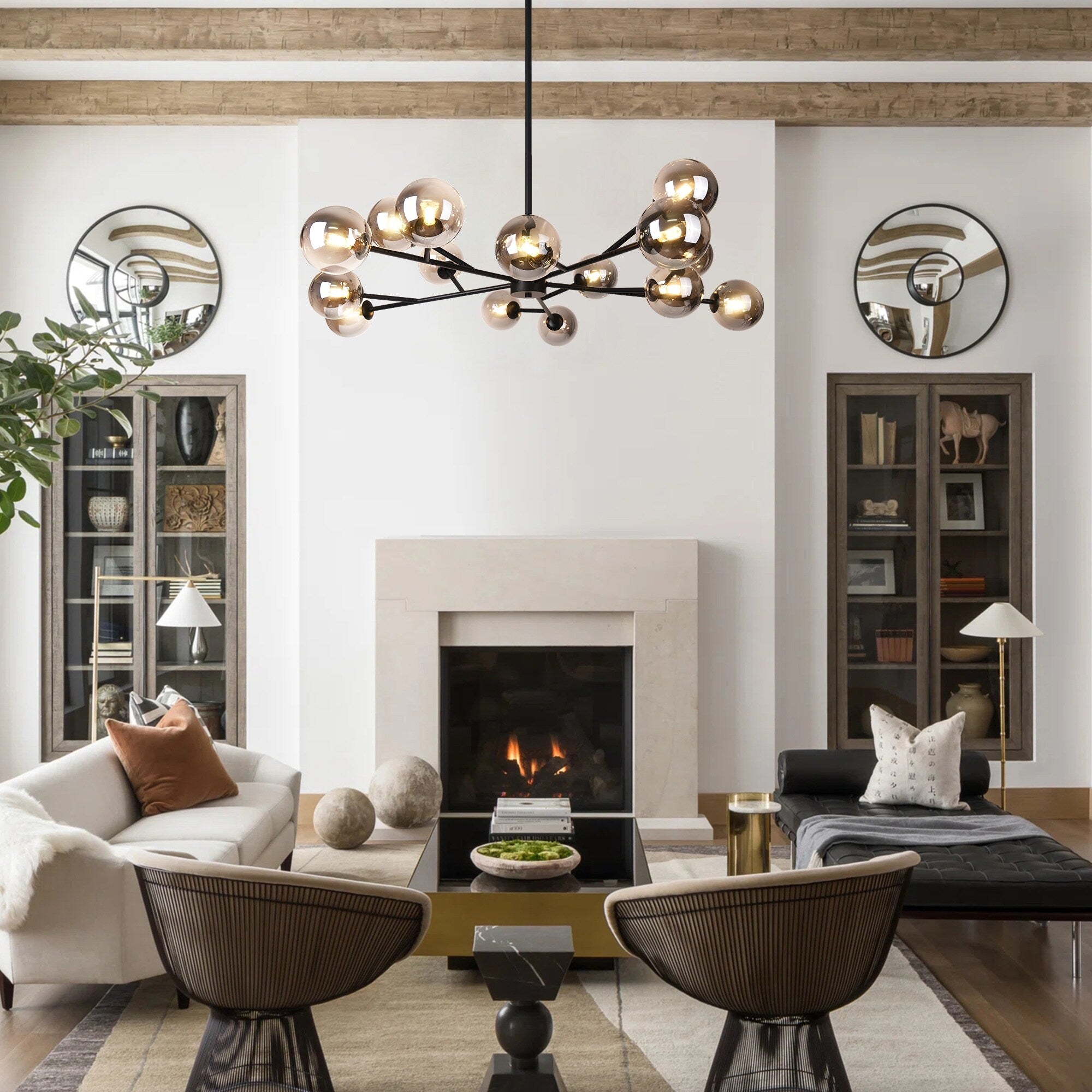 Lustre linéaire moderne à 15 lumières pour îlot de cuisine Sputnik avec branches et globes en verre