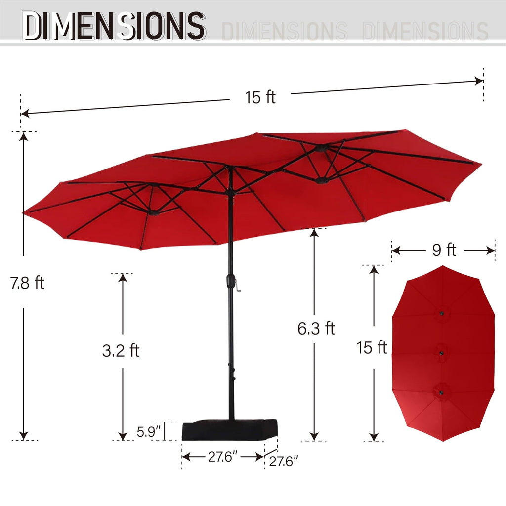 MAISON ARTS Parasol de marché extérieur rectangulaire à manivelle double face de 15 pieds Parasol de patio éclairé par LED solaire avec base incluse