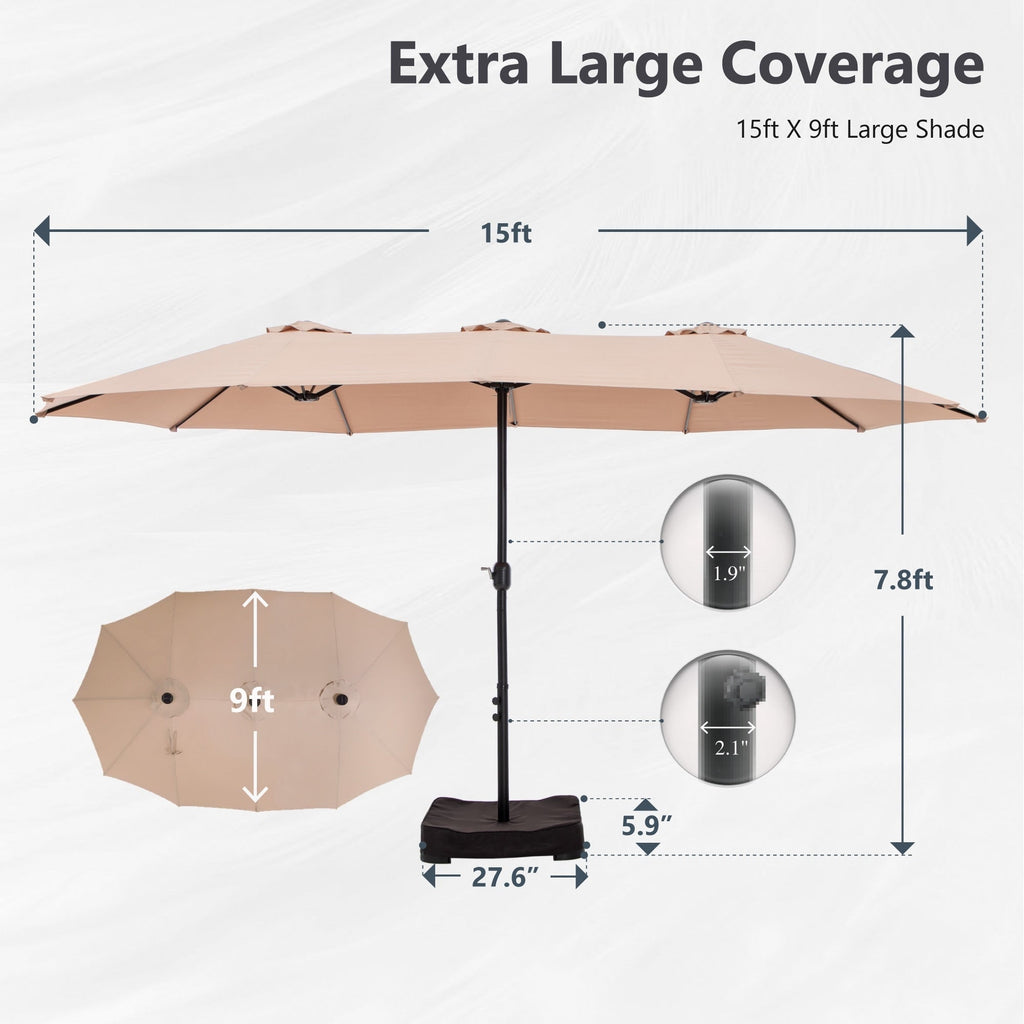 Parasol de marché extérieur rectangulaire à manivelle double face de 15 pieds, parasol de patio éclairé par LED solaire avec base incluse