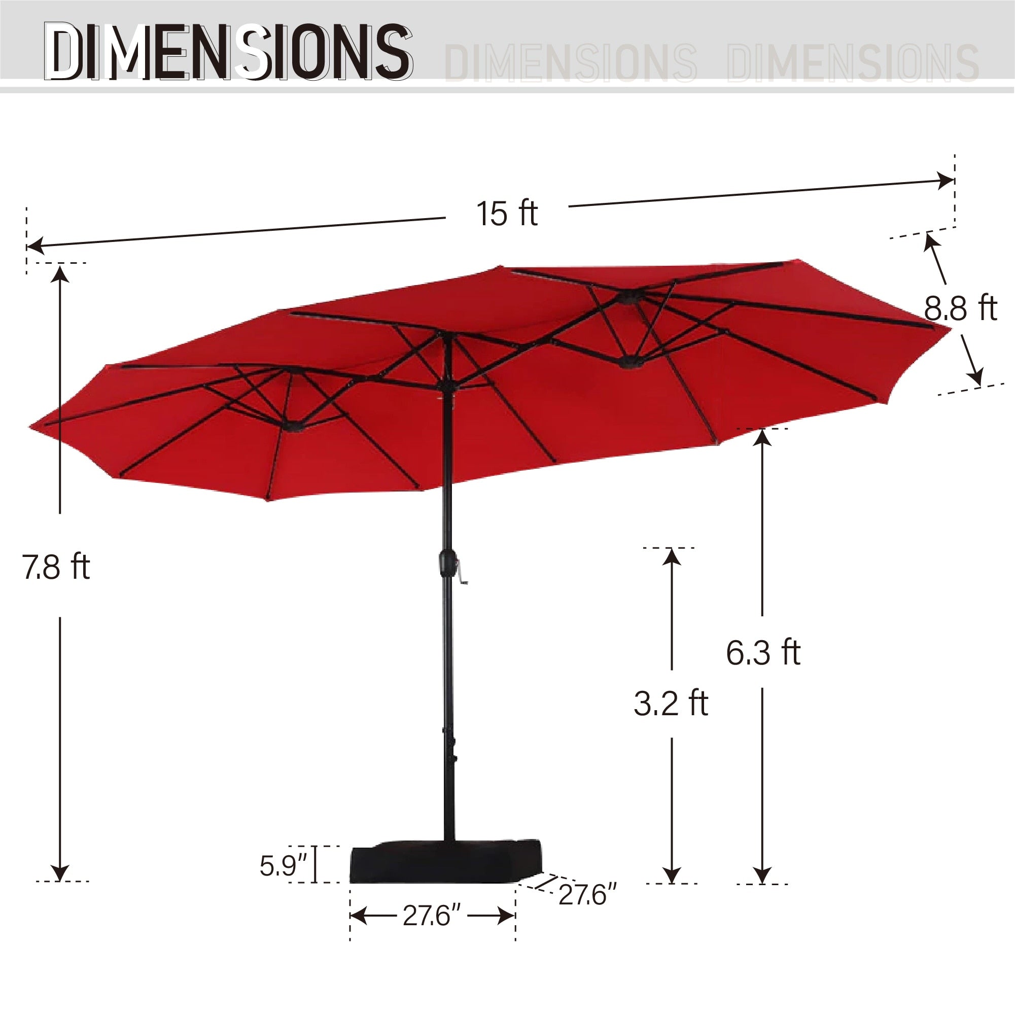 Parasol de marché extérieur rectangulaire à manivelle double face de 15 pieds, parasol de patio éclairé par LED solaire avec base incluse