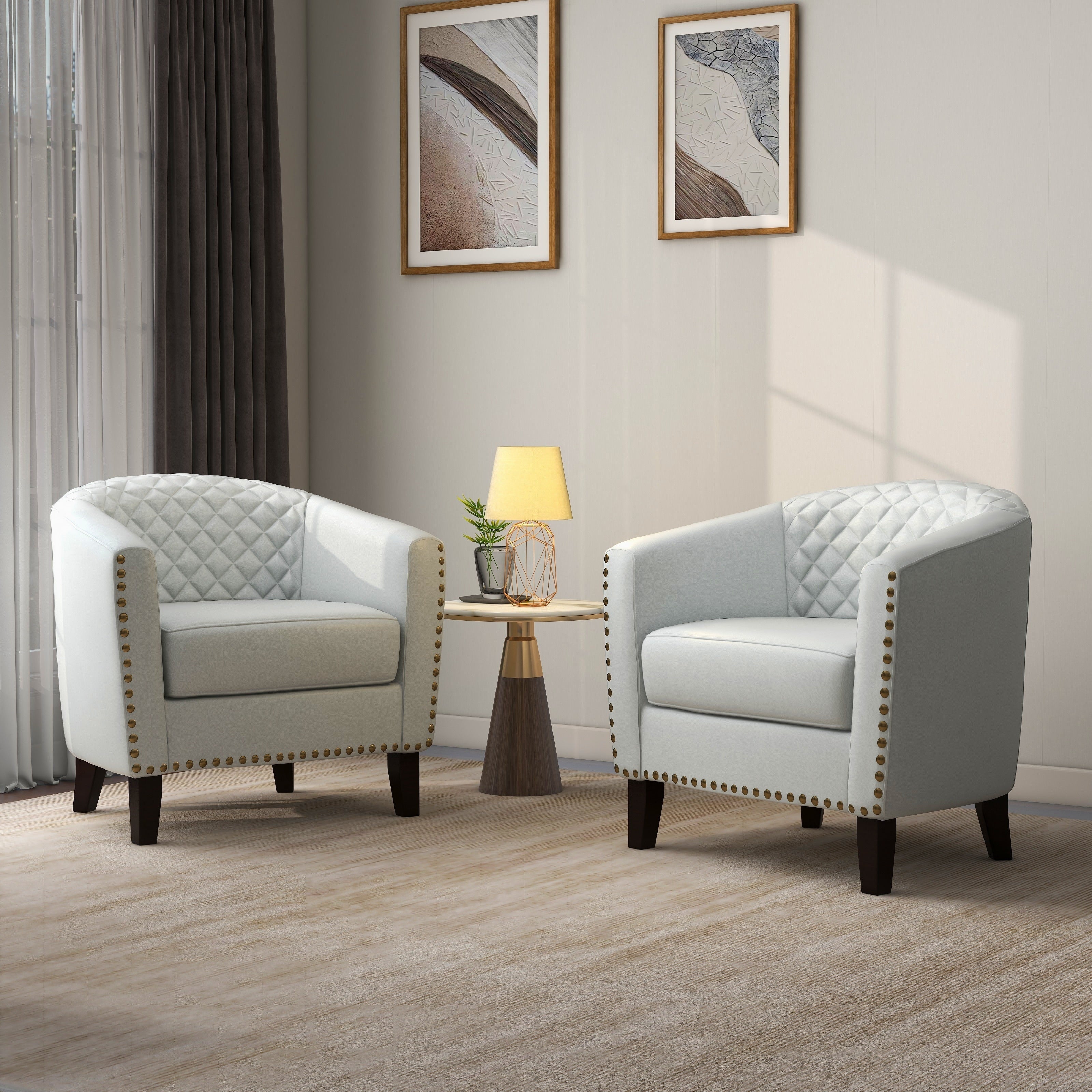 Lot de 2 chaises d'appoint tonneau en cuir vegan de 29 W avec garniture cloutée