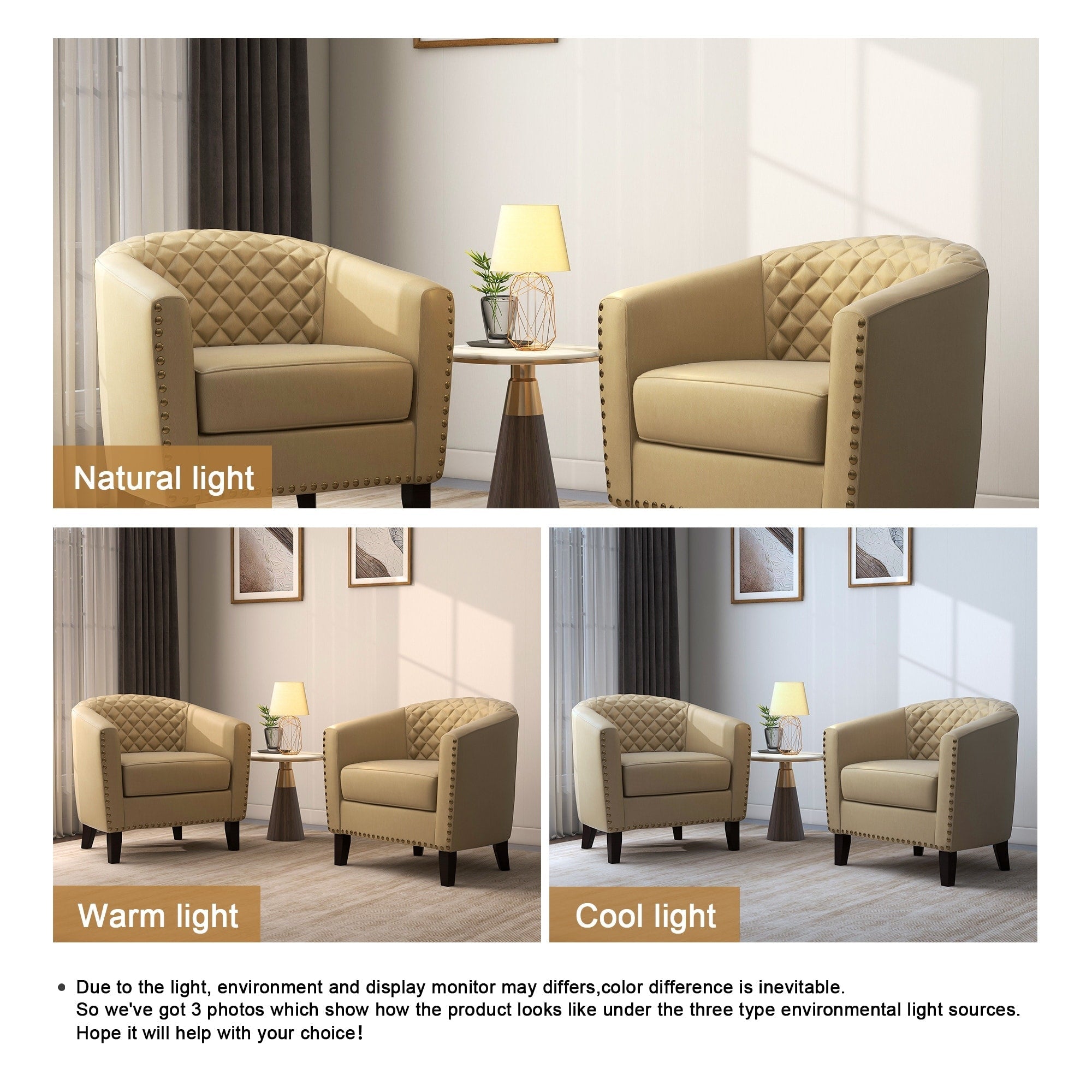 Lot de 2 chaises d'appoint tonneau en cuir vegan de 29 W avec garniture cloutée