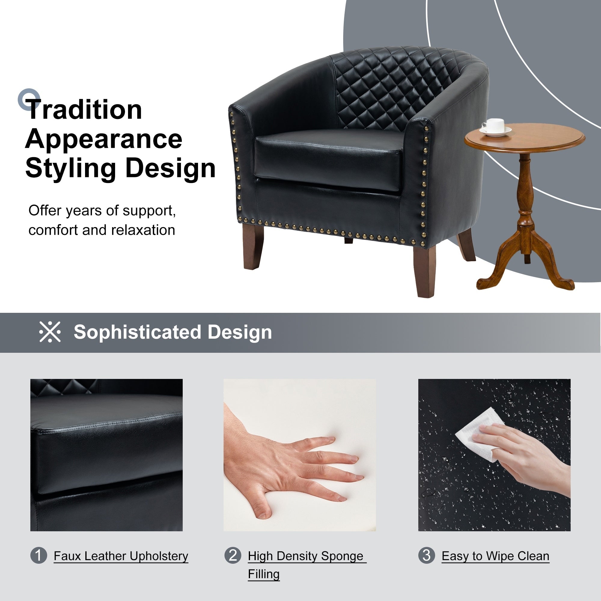 Lot de 2 chaises d'appoint tonneau en cuir vegan de 29 W avec garniture cloutée