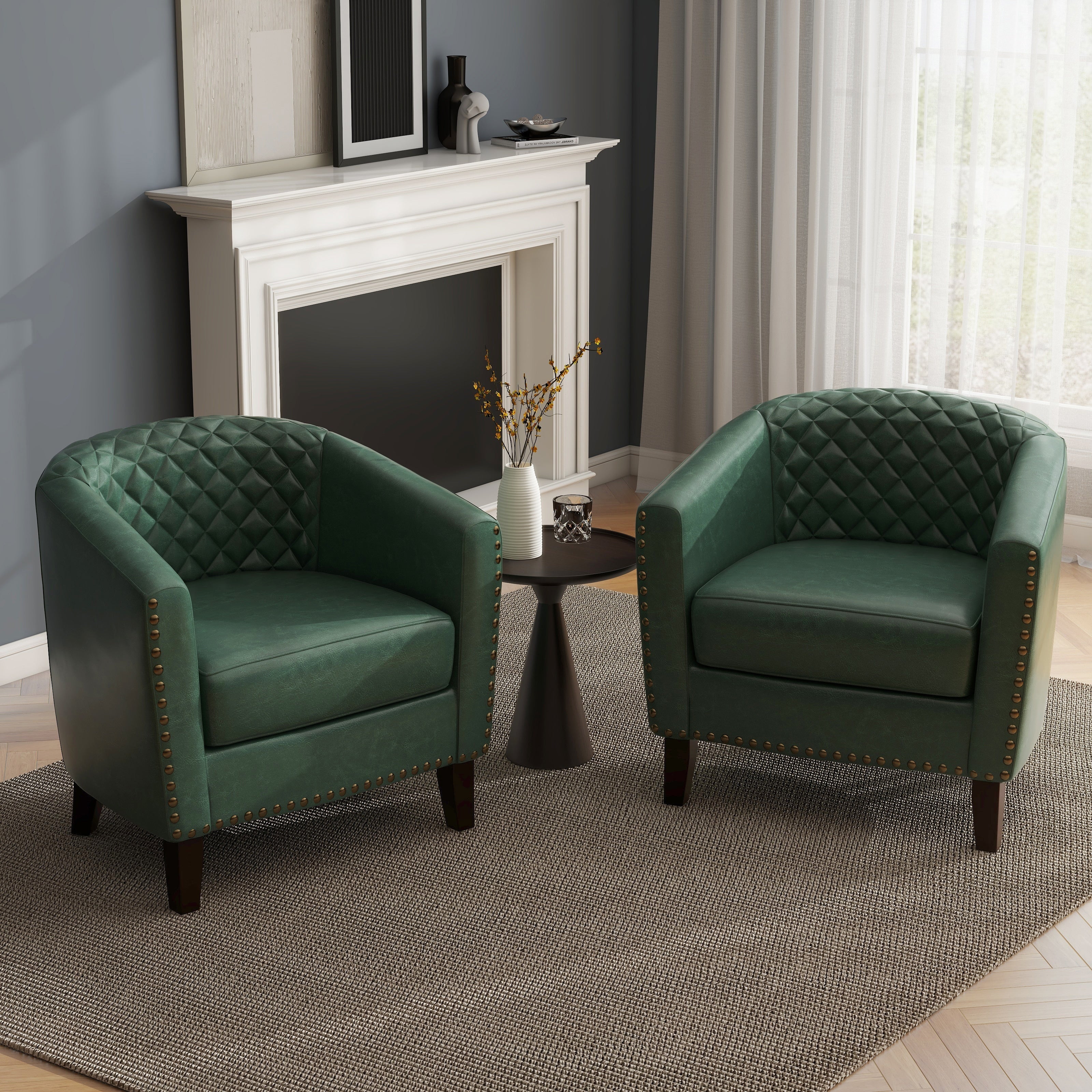 Lot de 2 chaises d'appoint tonneau en cuir vegan de 29 W avec garniture cloutée