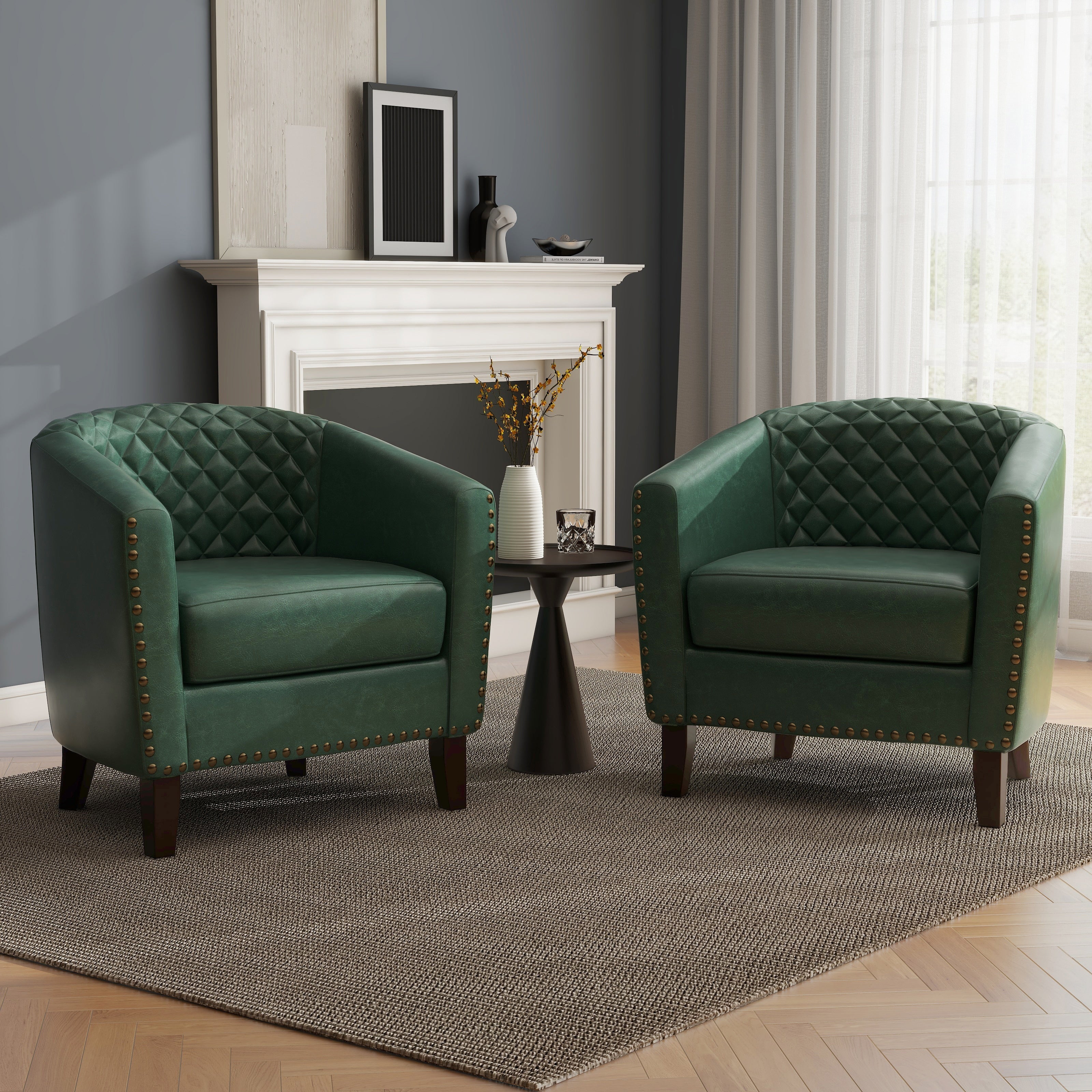 Lot de 2 chaises d'appoint tonneau en cuir vegan de 29 W avec garniture cloutée