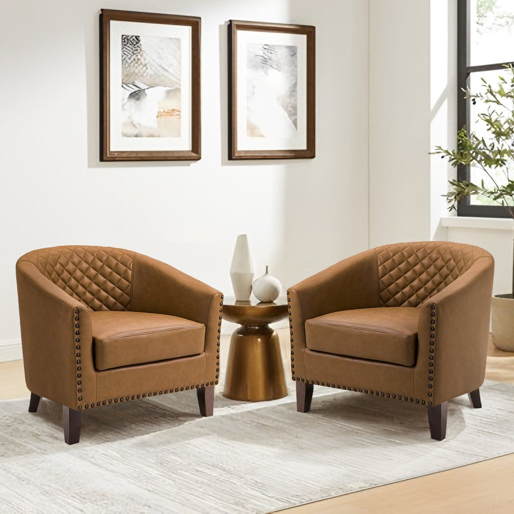 Lot de 2 chaises d'appoint tonneau en cuir vegan de 29 W avec garniture cloutée