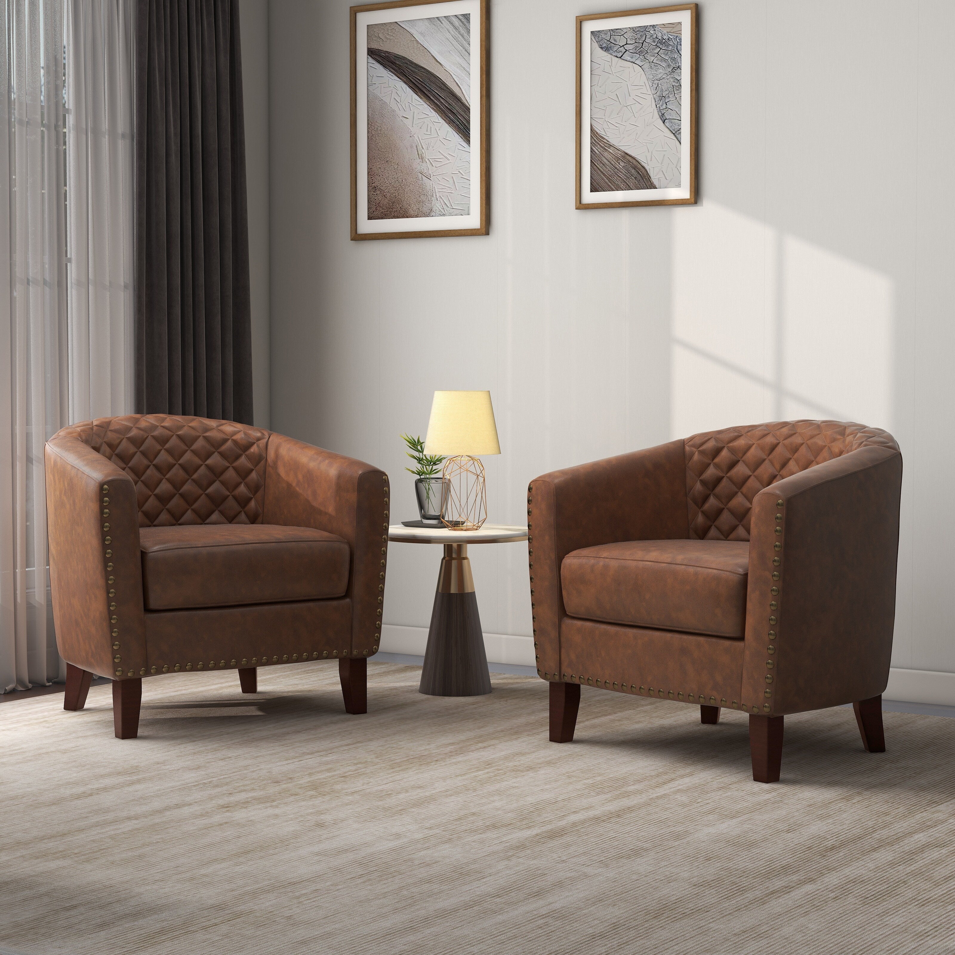 Lot de 2 chaises d'appoint tonneau en cuir vegan de 29 W avec garniture cloutée