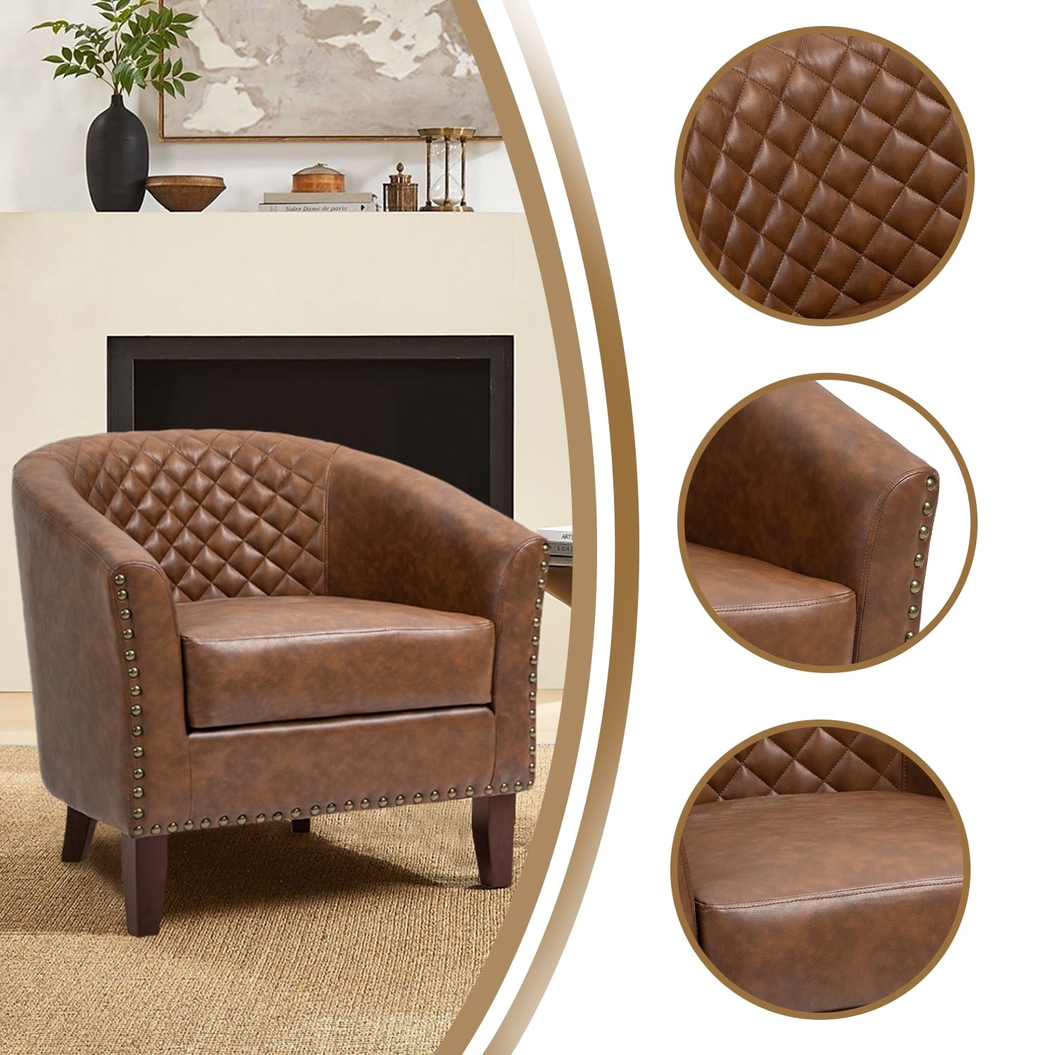 Lot de 2 chaises d'appoint tonneau en cuir vegan de 29 W avec garniture cloutée