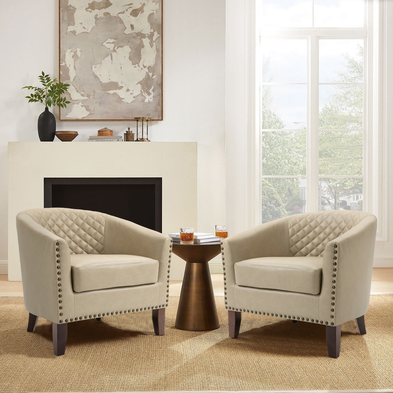 Lot de 2 chaises d'appoint tonneau en cuir vegan de 29 W avec garniture cloutée