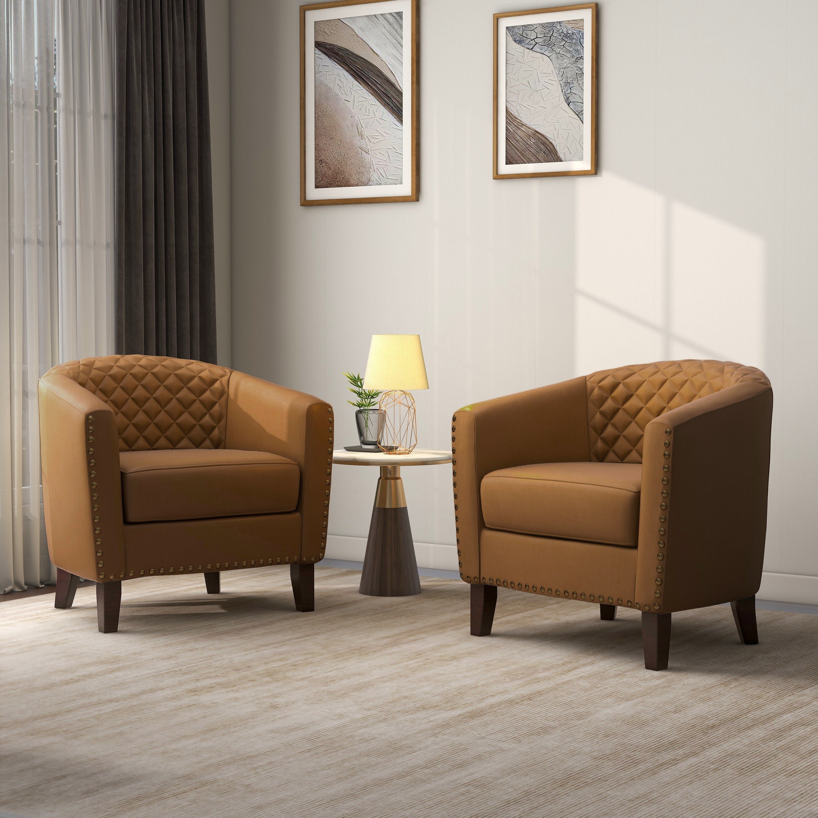 Lot de 2 chaises d'appoint tonneau en cuir vegan de 29 W avec garniture cloutée