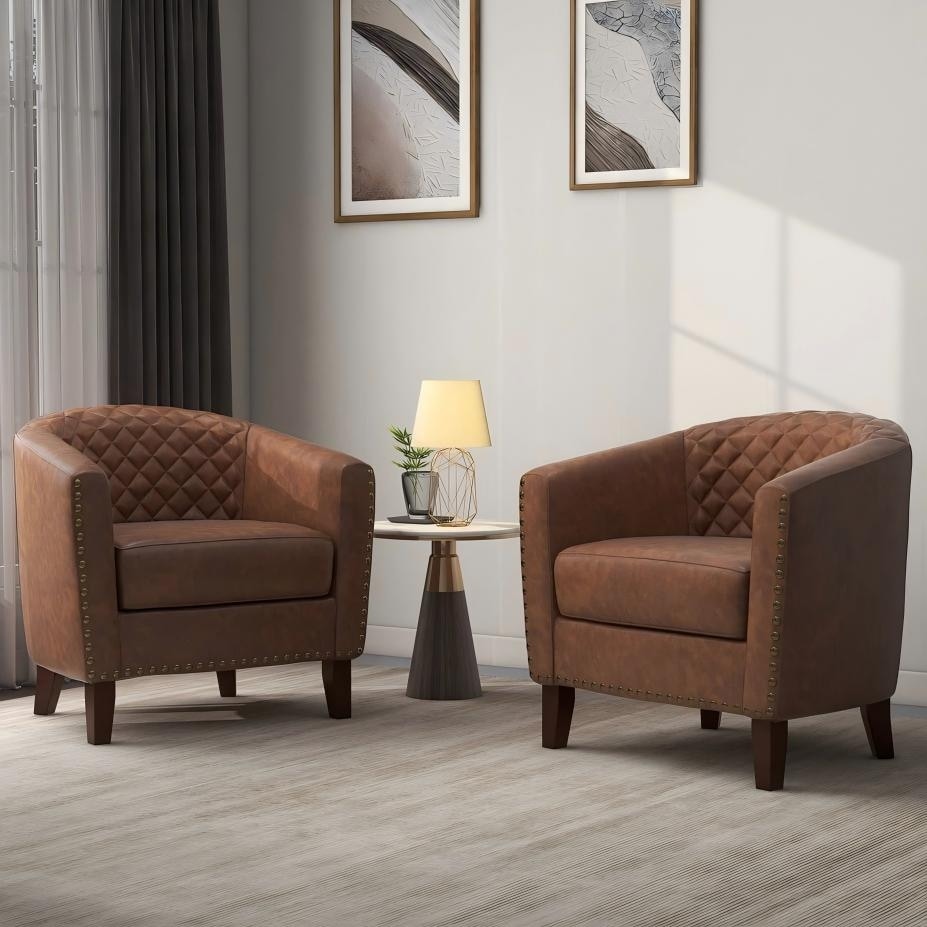 Lot de 2 chaises d'appoint tonneau en cuir vegan de 29 W avec garniture cloutée