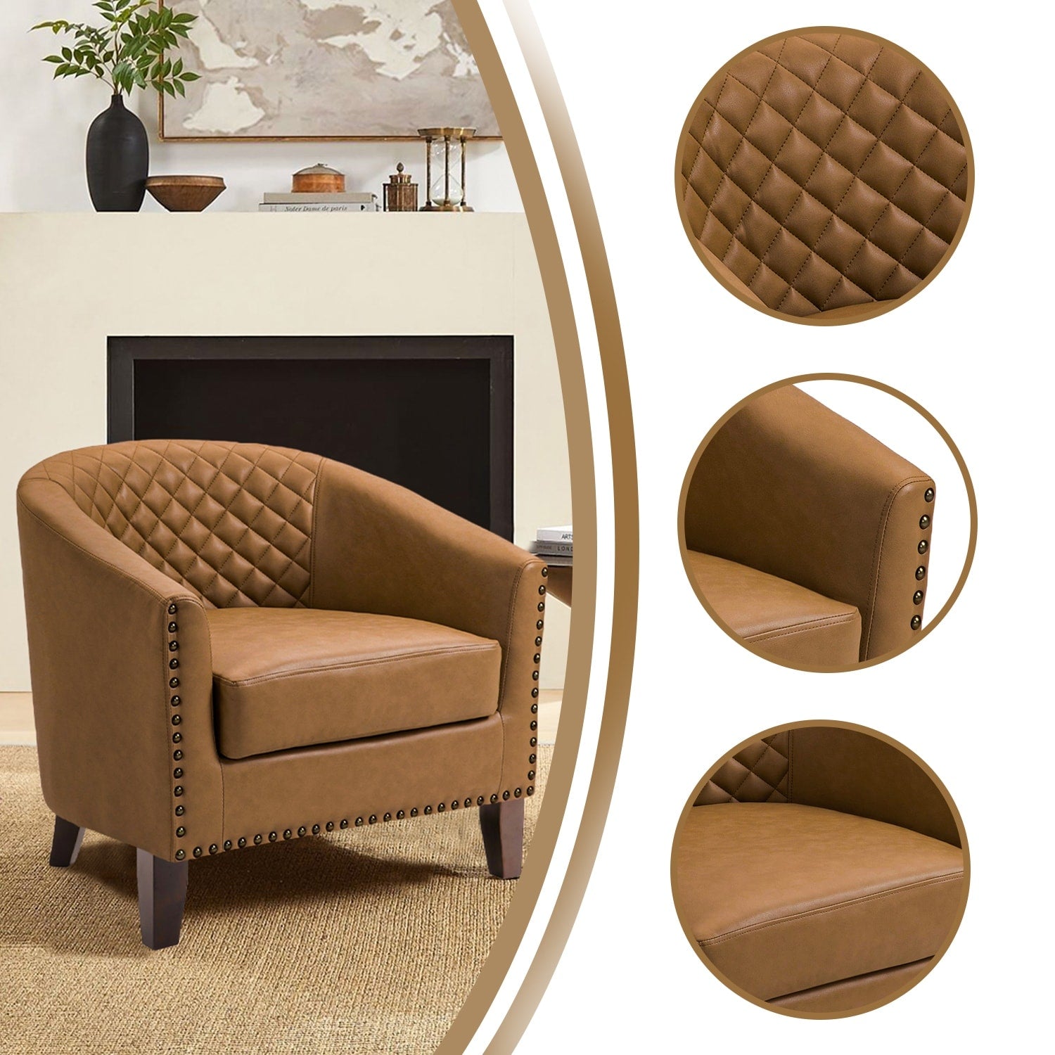 Lot de 2 chaises d'appoint tonneau en cuir vegan de 29 W avec garniture cloutée