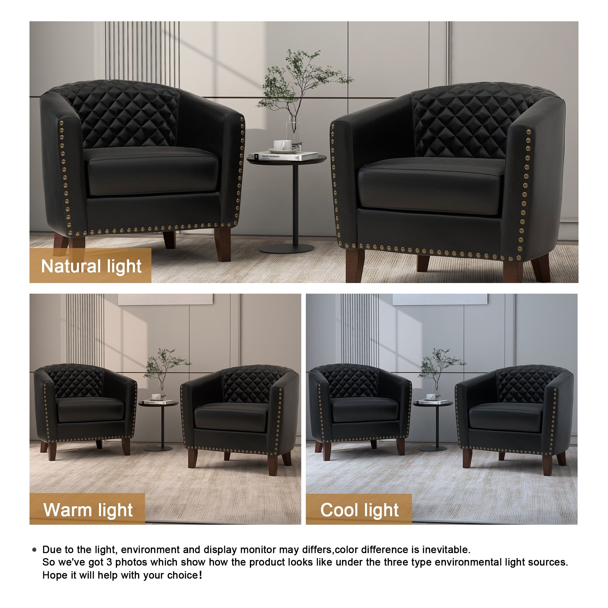 Lot de 2 chaises d'appoint tonneau en cuir vegan de 29 W avec garniture cloutée