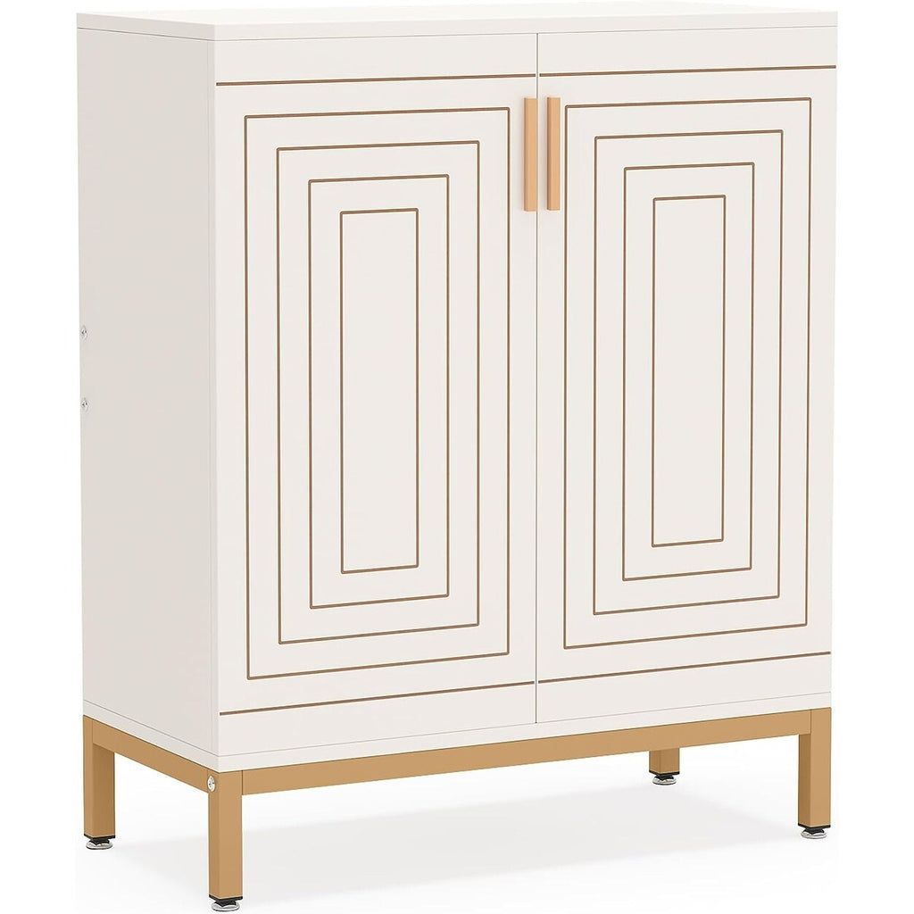 Meuble à chaussures moderne de 95 cm avec portes, blanc et doré, pour 20 paires de chaussures