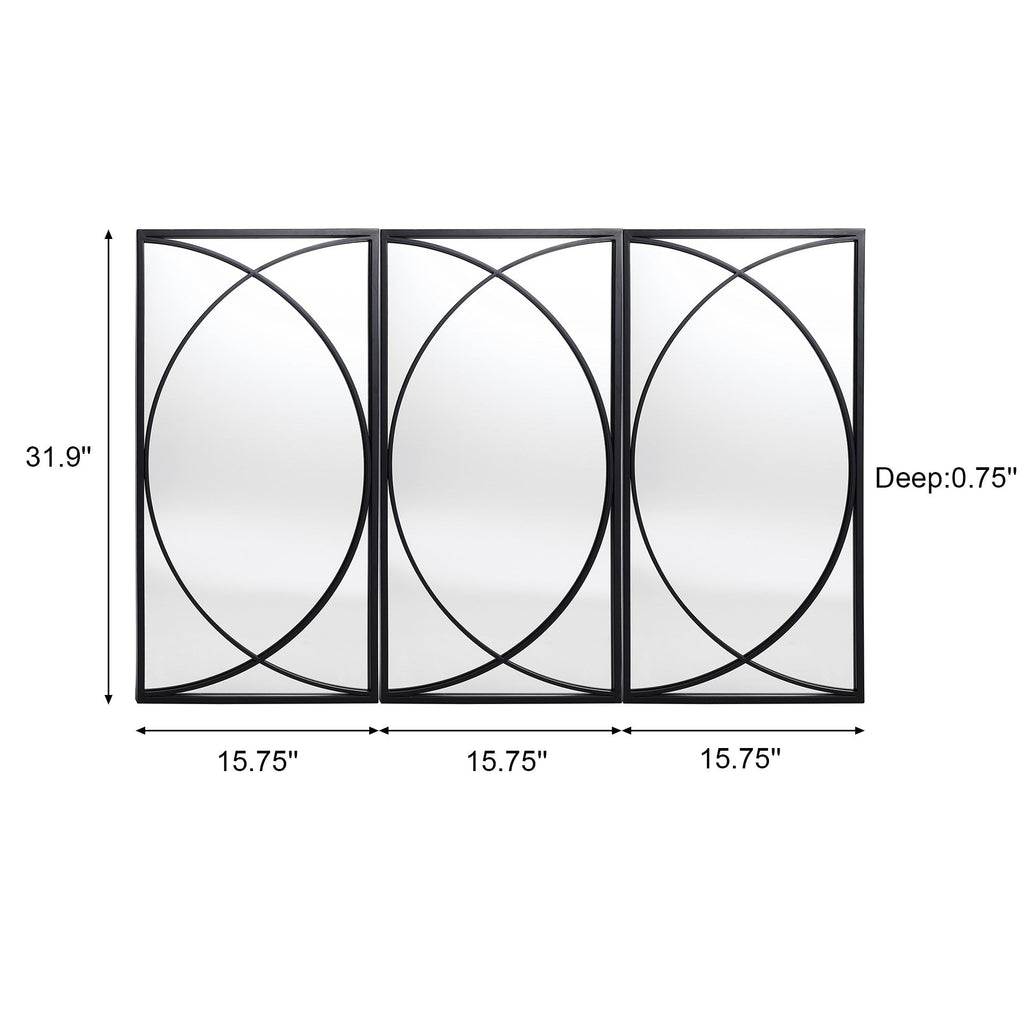 Ensemble de 3 miroirs muraux rectangulaires en métal noir - 31,9 H x 15,75 L x 0,75 P