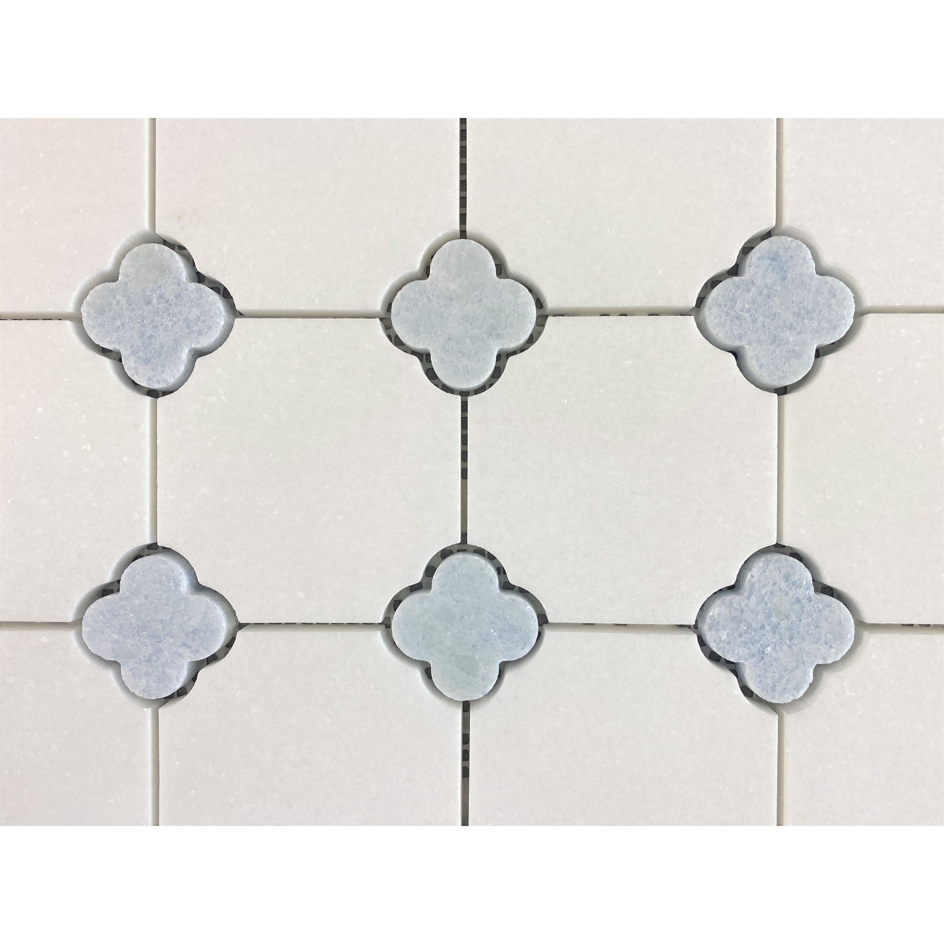 Carreaux de mosaïque en marbre Thassos blanc avec motif de fleurs bleues célestes - Coffret (10 feuilles)