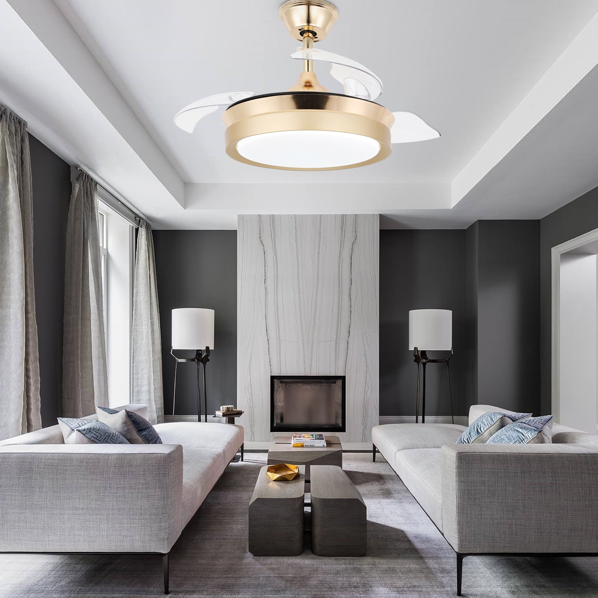 Ventilateur de plafond rétractable moderne Bella Depot 36 avec éclairage LED, pales réversibles à 6 vitesses et télécommande