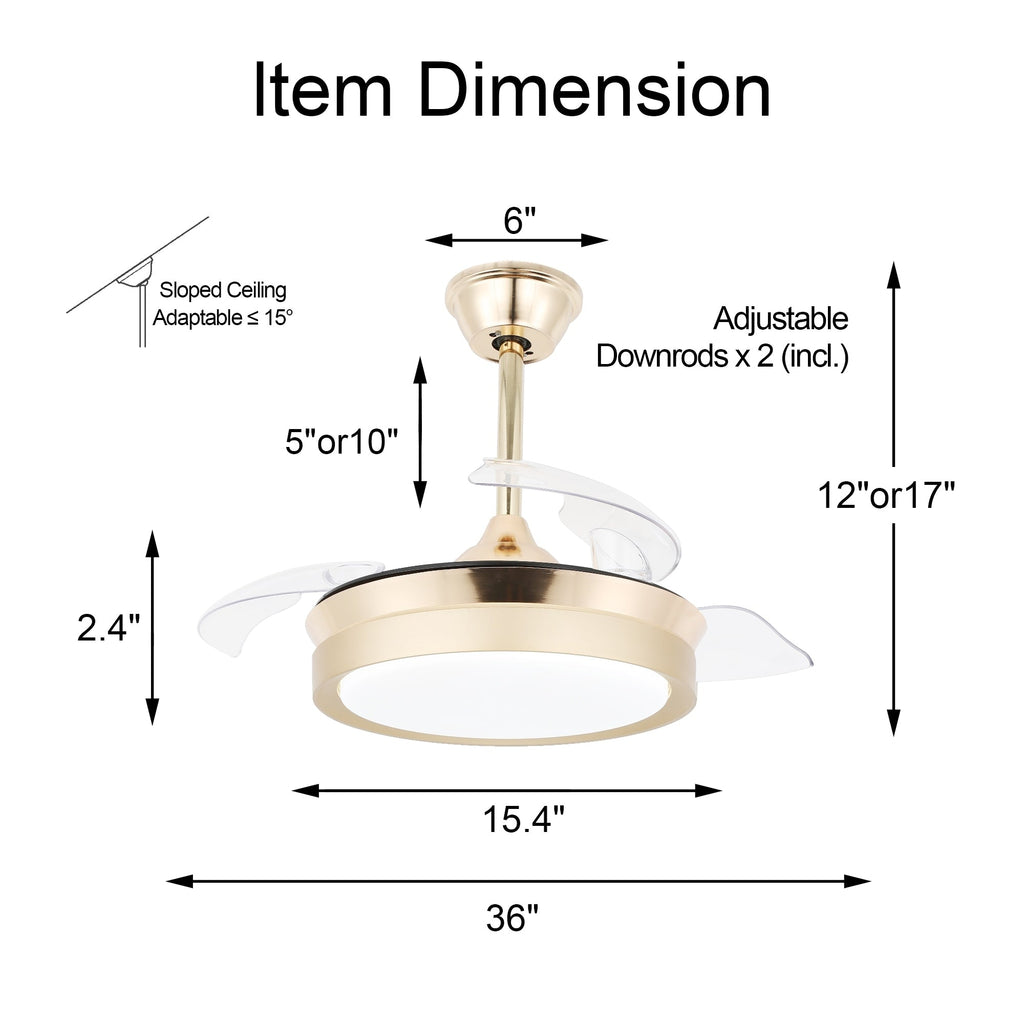 Ventilateur de plafond rétractable moderne Bella Depot 36 avec éclairage LED, pales réversibles à 6 vitesses et télécommande
