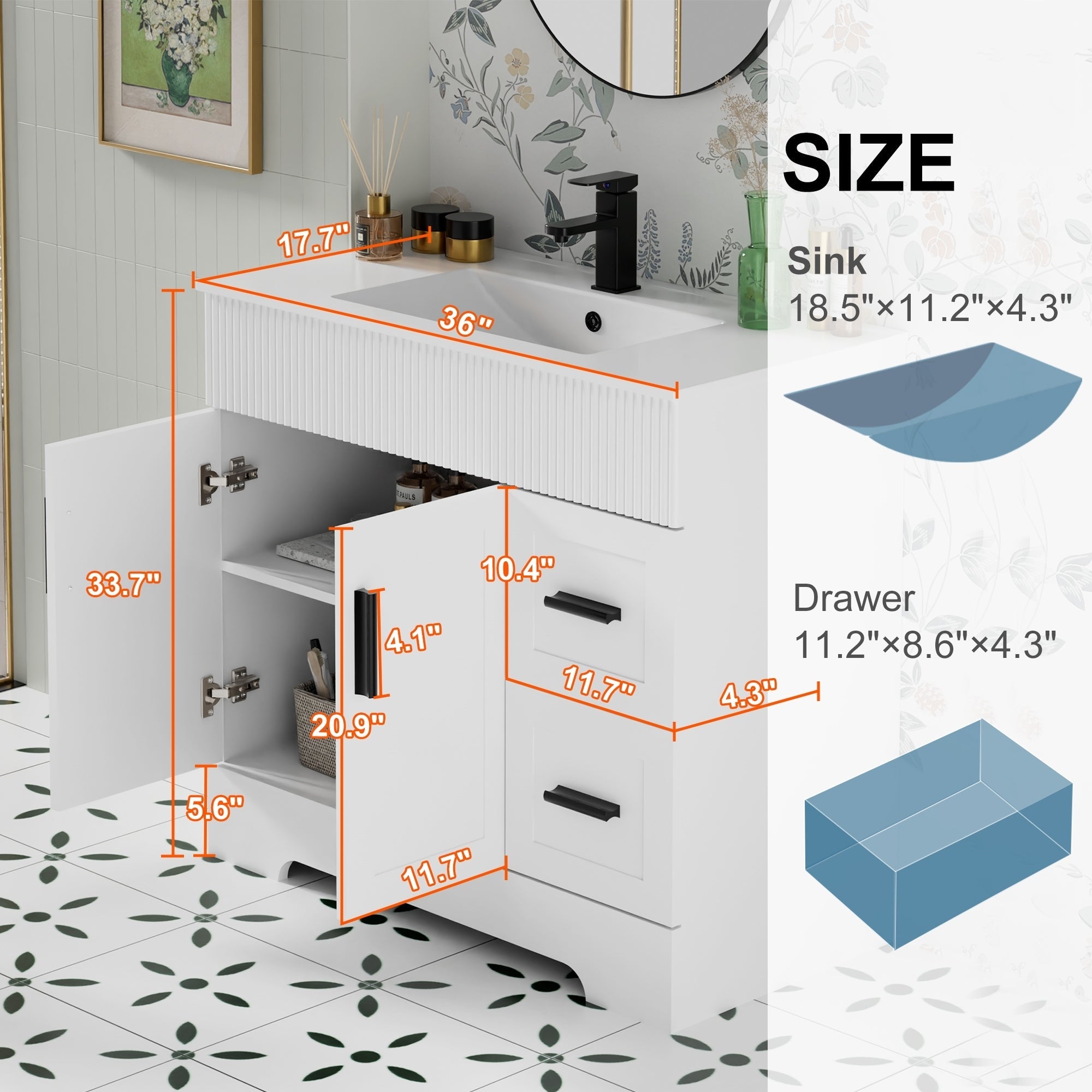 Ensemble de meuble-lavabo Wavy Line 30/36/48 avec lavabo et robinet