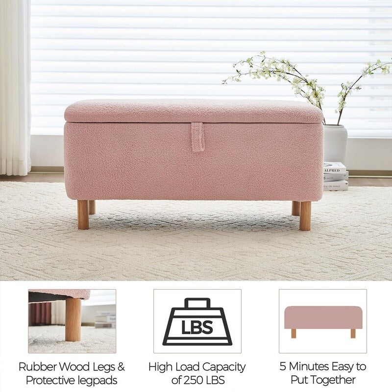 Banc ottoman de rangement en sherpa blanc cassé, repose-pieds, pour salon, chambre à coucher, pieds en bois