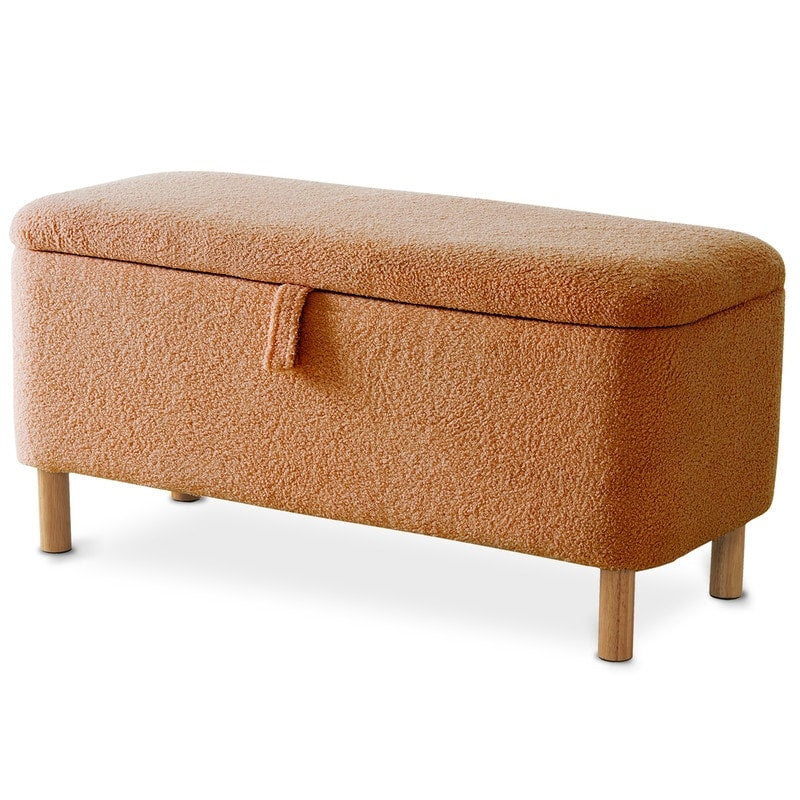 Banc ottoman de rangement en sherpa blanc cassé, repose-pieds, pour salon, chambre à coucher, pieds en bois