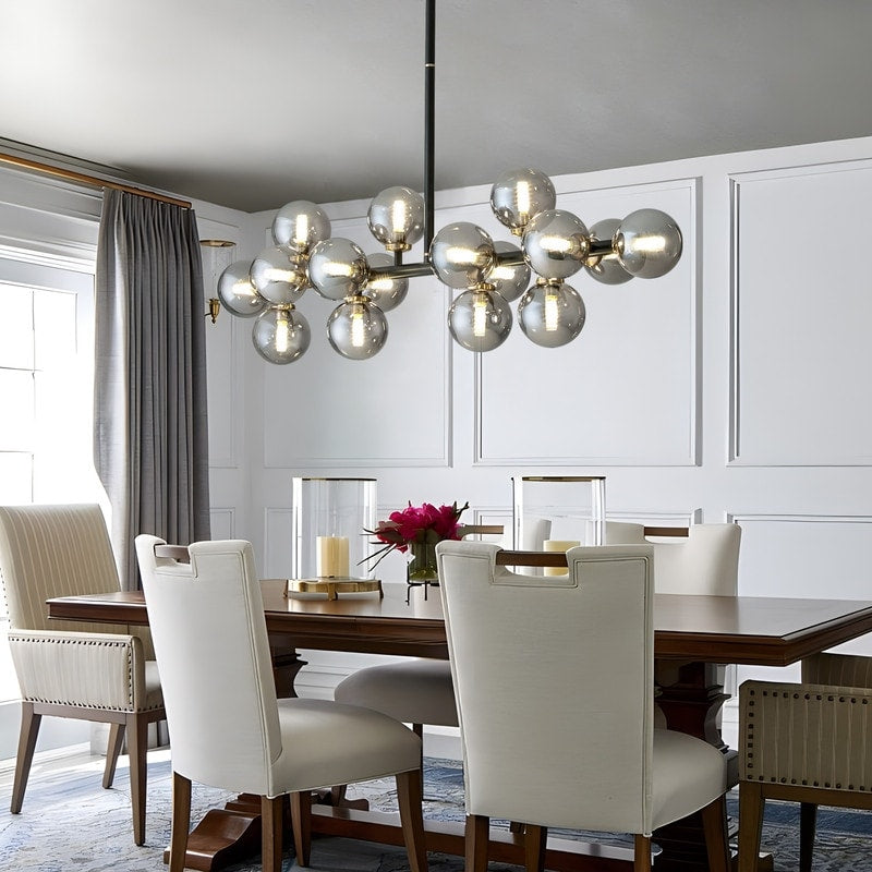 Lustre linéaire moderne du milieu du siècle de 40 po, suspension Spoutnik à 16 ampoules en laiton doré avec globe en verre dépoli pour salle à manger