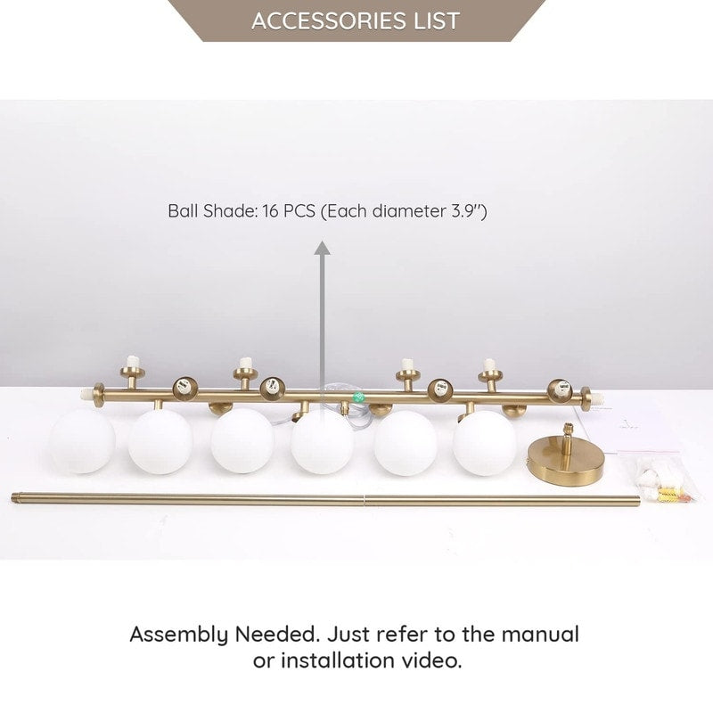 Lustre linéaire moderne du milieu du siècle de 40 po, suspension Spoutnik à 16 ampoules en laiton doré avec globe en verre dépoli pour salle à manger