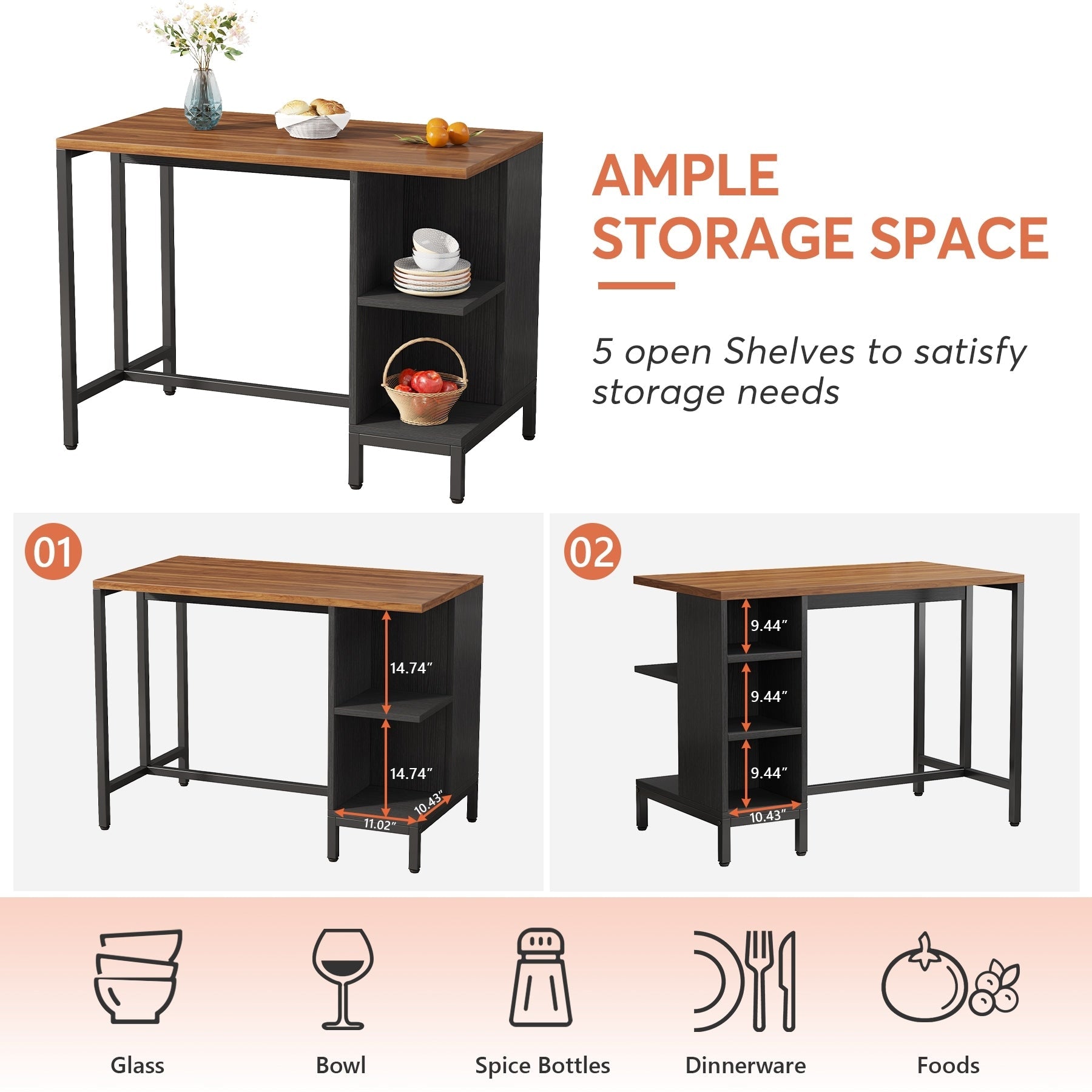 Îlot de cuisine large de 43 pouces, table de comptoir de cuisine avec 5 étagères ouvertes