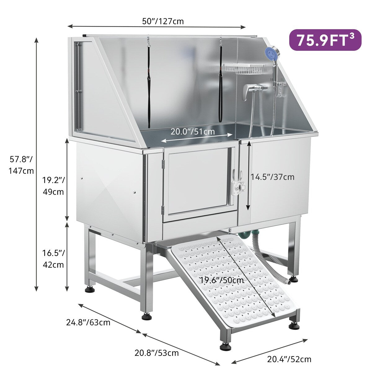 Baignoire de toilettage réglable en acier inoxydable de 50 po de largeur avec rampe et marches