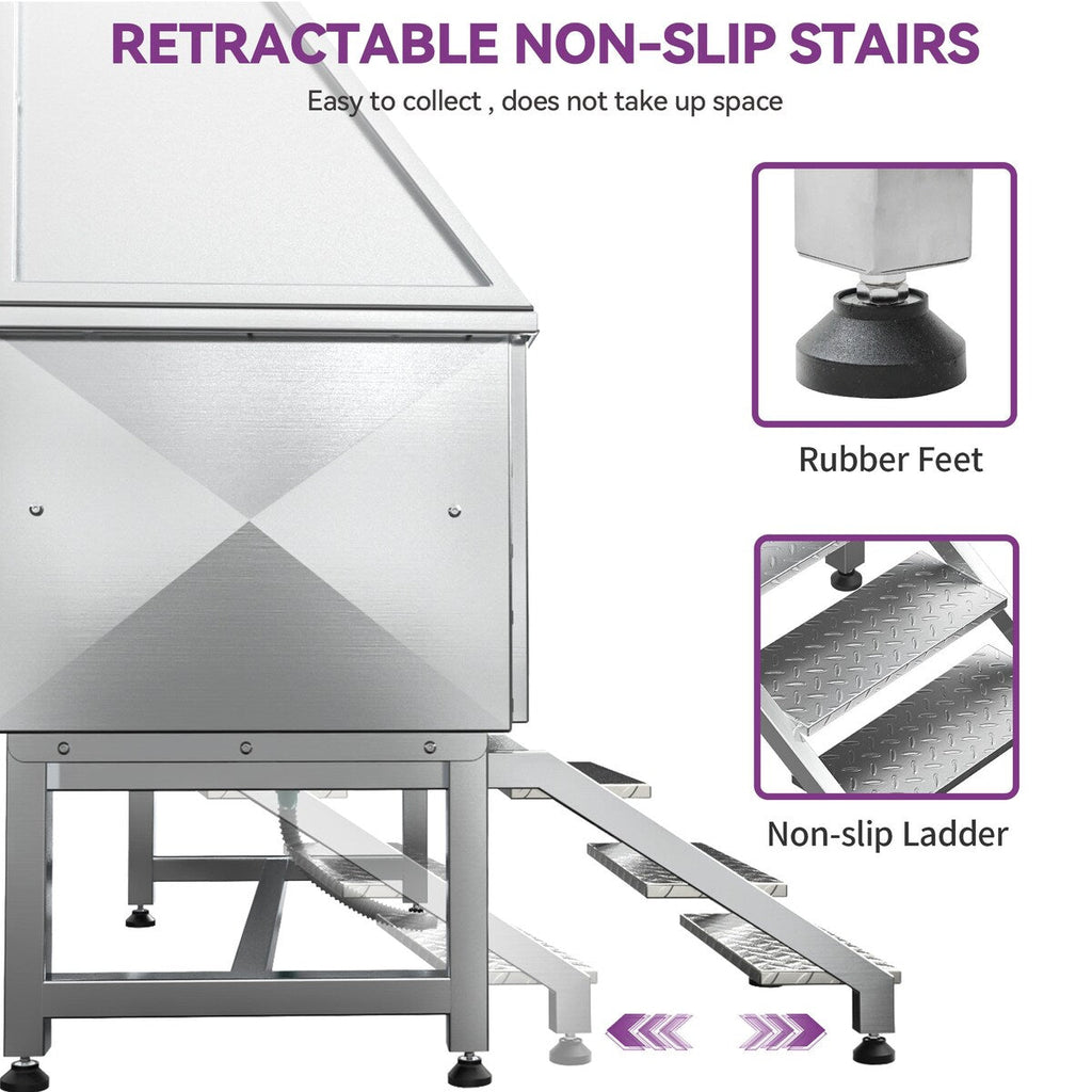 Baignoire de toilettage réglable en acier inoxydable de 50 po de largeur avec rampe et marches