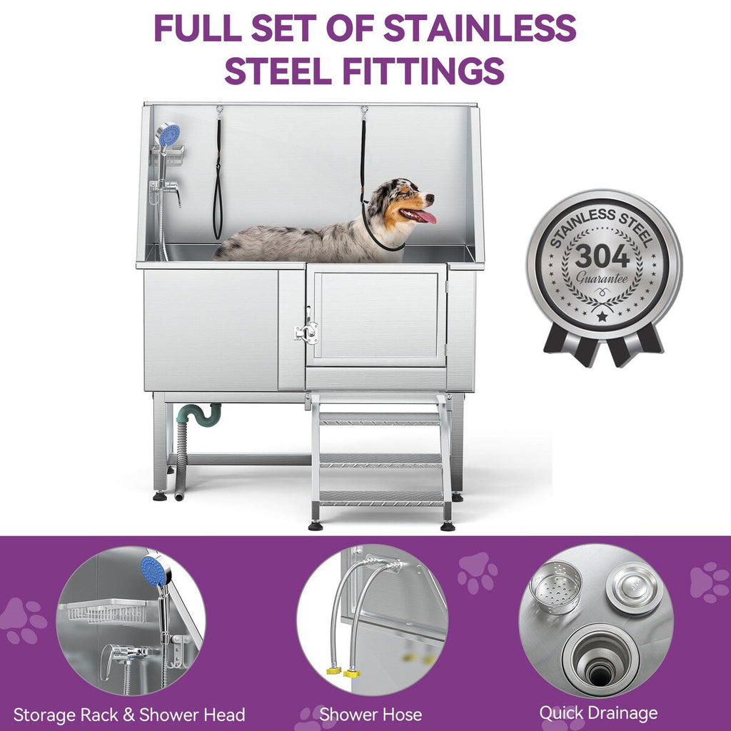 Baignoire de toilettage réglable en acier inoxydable de 50 po de largeur avec rampe et marches