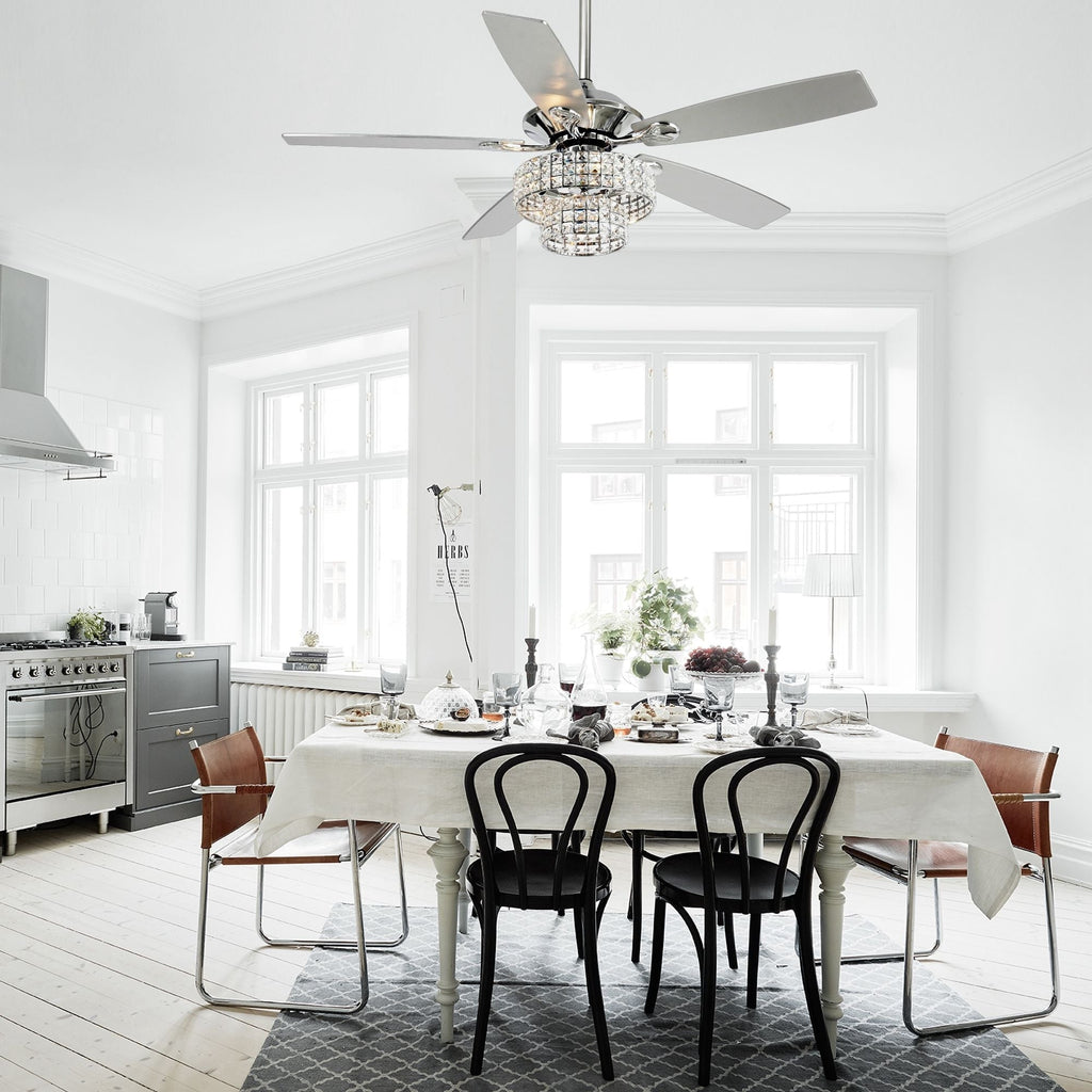 Ventilateur de plafond moderne en cristal et bois chromé de 52 pouces, 5 pales, avec télécommande