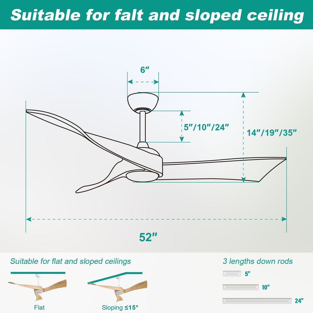 Ventilateur de plafond moderne en bois massif/ABS de 52 pouces avec télécommande (sans lumière), 6 vitesses de vent, flux d'air réversible