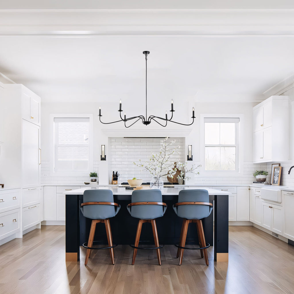 Lustre minimaliste à 6 lumières de 64 pouces, noir mat, or et chrome - N/A