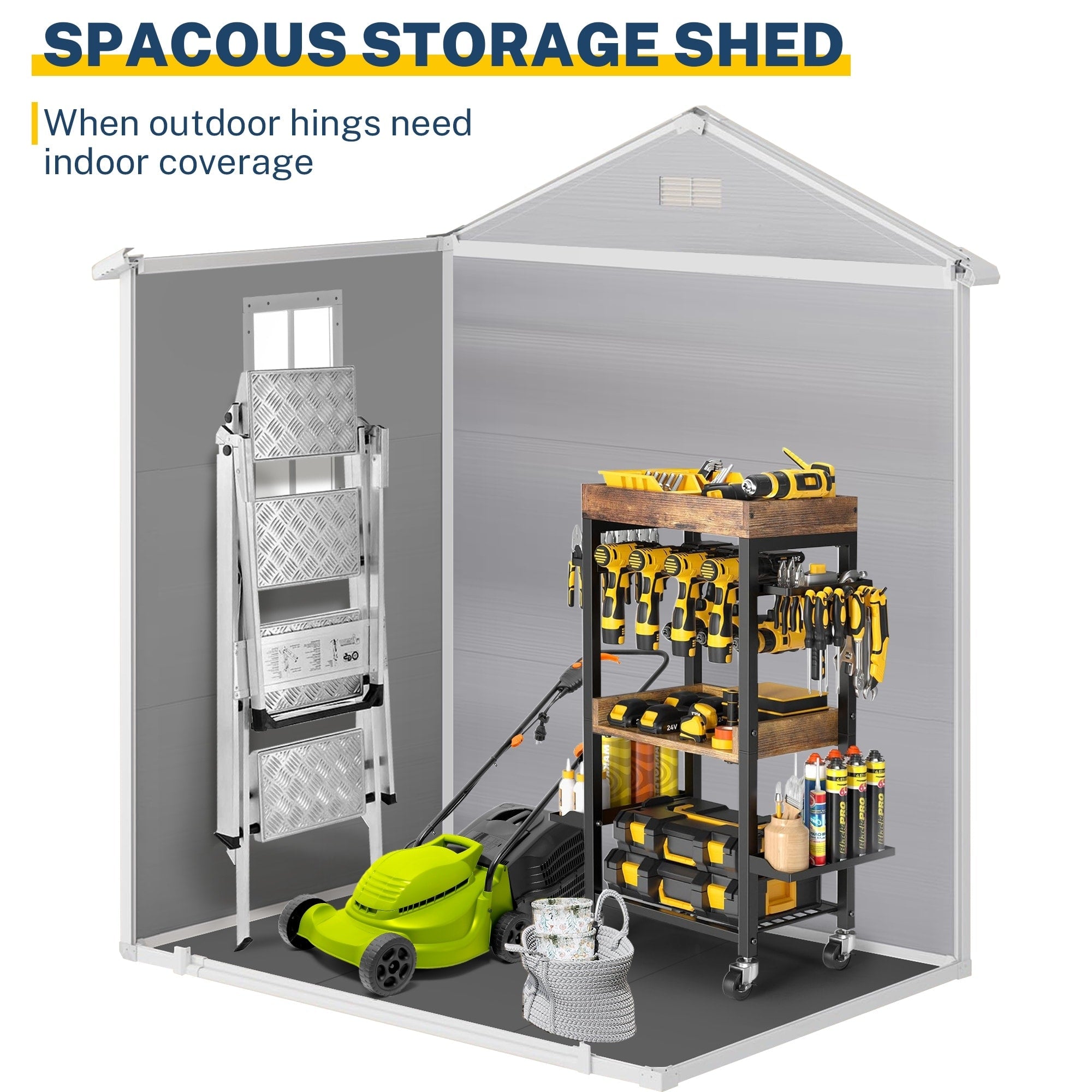 Abri de rangement extérieur en plastique et résine toutes saisons de 6 pi x 4 pi/6 pi x 8 pi/8 pi x 6 pi/8 pi x 10 pi avec plancher, abri à outils Spire