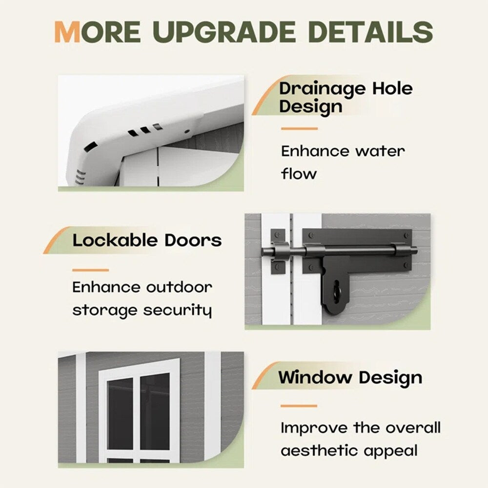 Abri de rangement extérieur en plastique et résine toutes saisons de 6 pi x 4 pi/6 pi x 8 pi/8 pi x 6 pi/8 pi x 10 pi avec plancher, abri à outils Spire