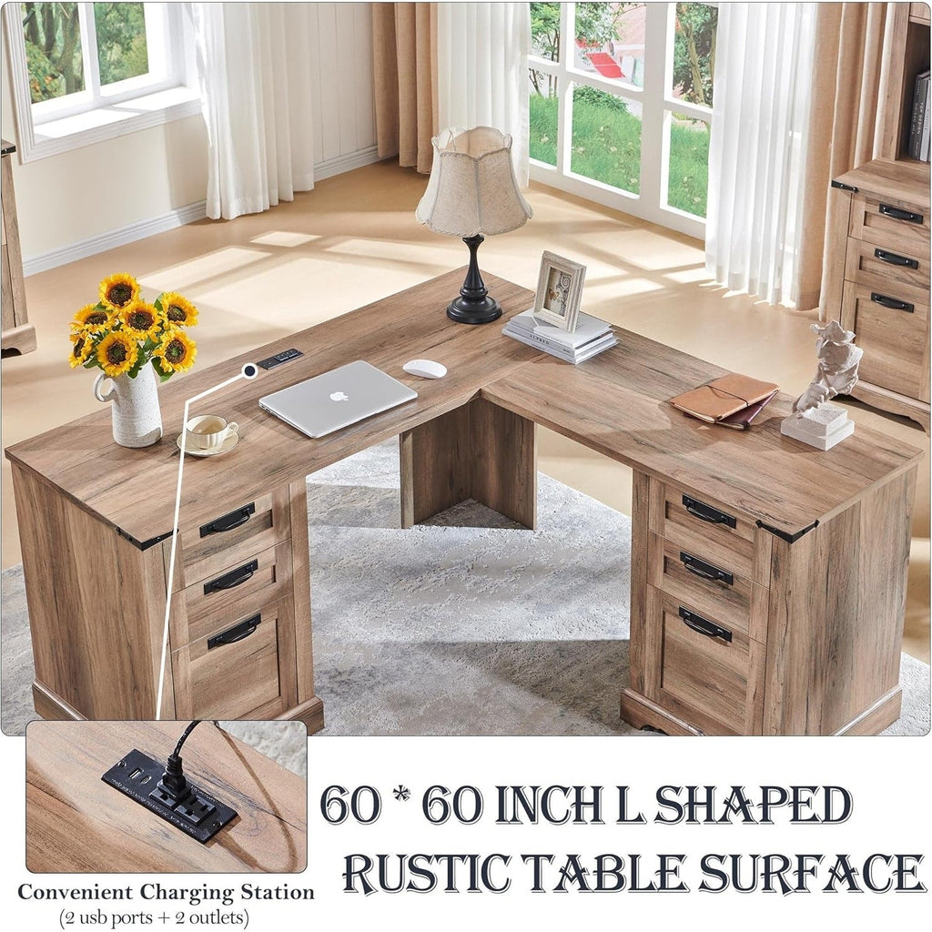 Bureau de direction en L de style ferme, bureau d'angle en bois, bureau d'ordinateur