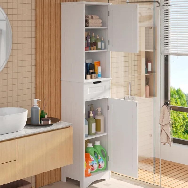 Armoire à linge étroite de salle de bain de 67 po de hauteur, meuble de rangement autoportant en bois massif à 5 niveaux
