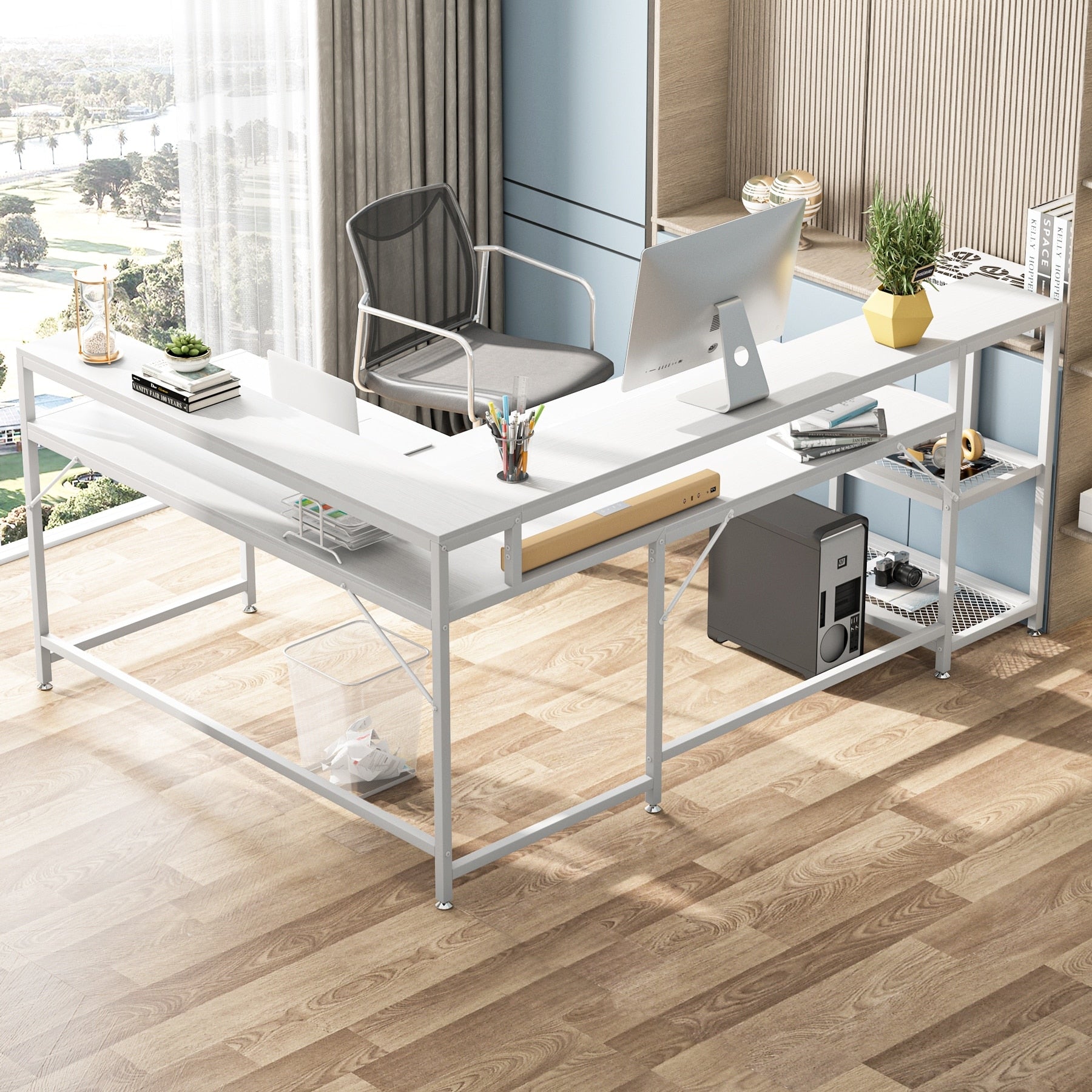 Bureau en L avec étagère pour écran, bureau d'angle réversible pour bureau à domicile 69