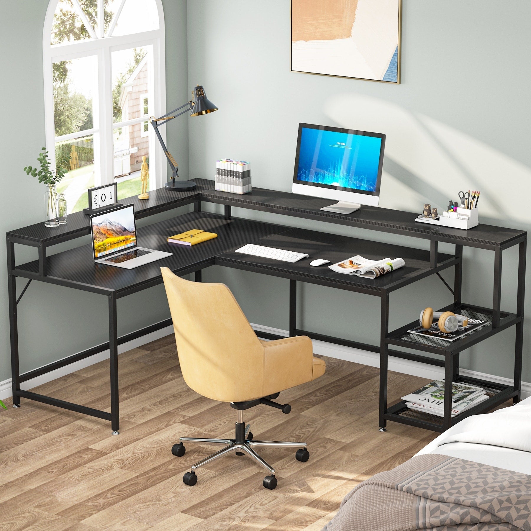 Bureau en L avec étagère pour écran, bureau d'angle réversible pour bureau à domicile 69