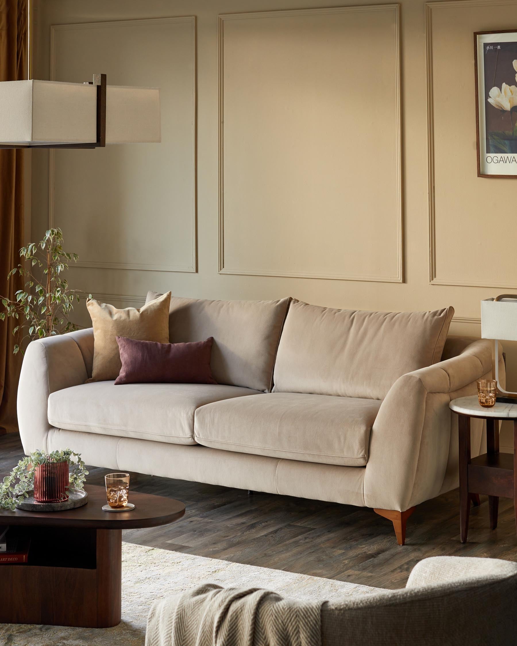 Canapé 3 places Geneviève en velours champagne avec pieds en bois