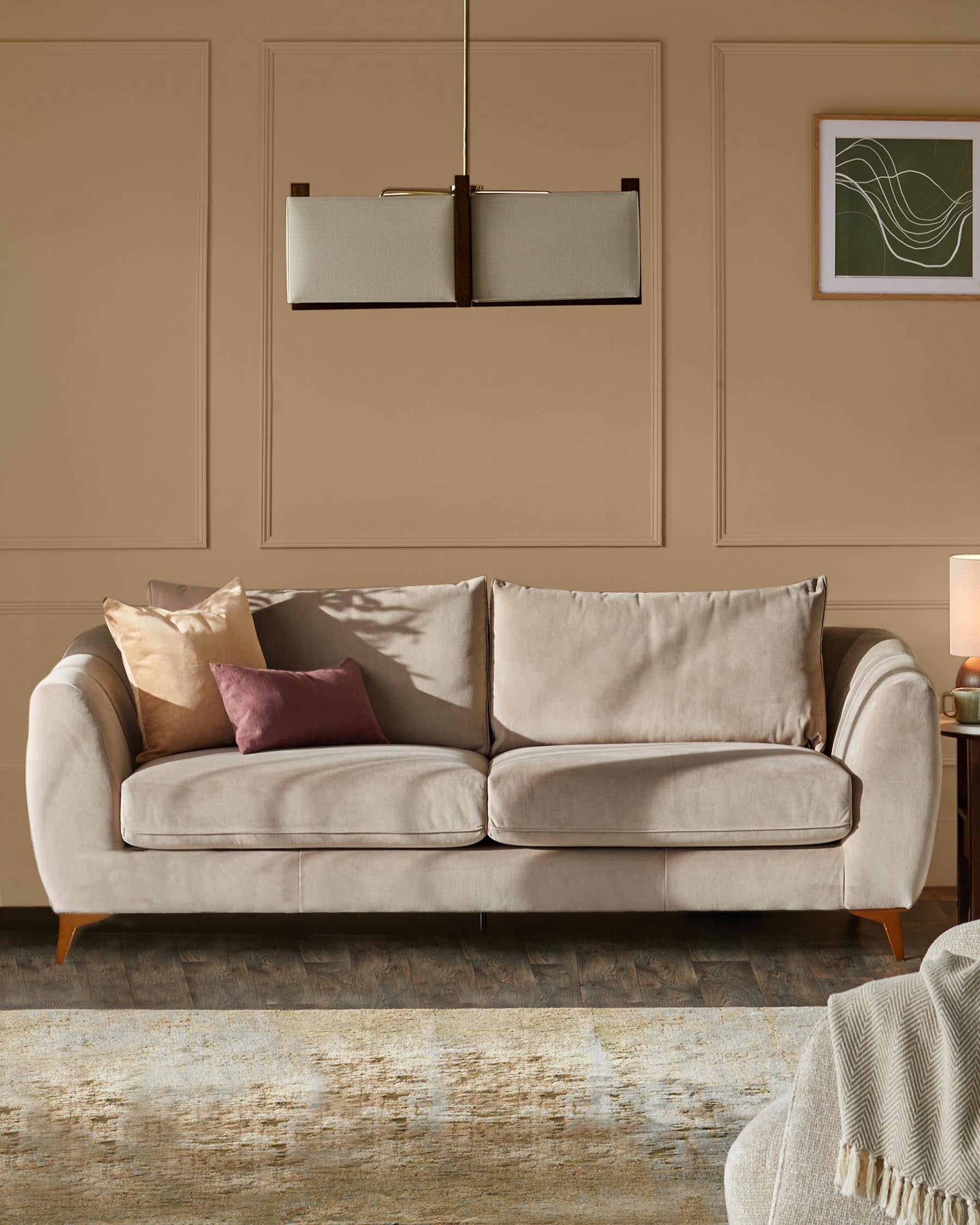 Canapé 3 places Geneviève en velours champagne avec pieds en bois